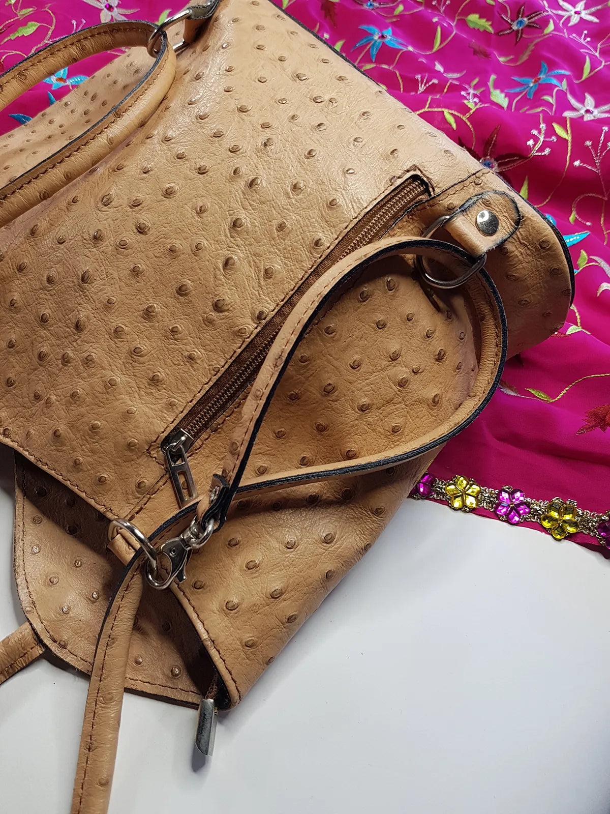 Authentic Vintage Italian Ostrich Leather Bag - Designer Pelle Di Giada Ostrich Handbag - Silver Hardware - Single Exterior Pocket