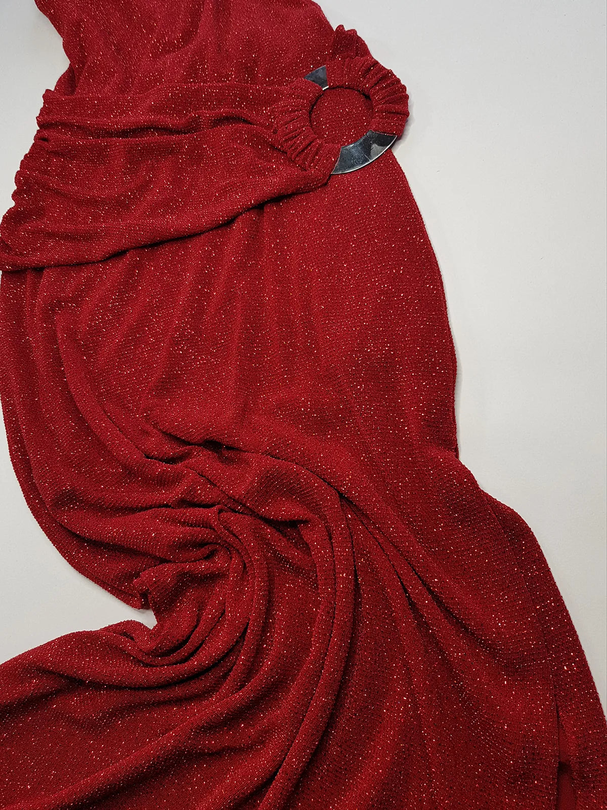 Iconic 90s Super Sexy Red Sparkle Gown - Absolutely Beautiful Silhouette & Hip Ruching with Silver Hardware Buckle that clings to the hip perfectly- Red with Red cast Diamonds in the fabric - Stretch body hugging high quality fabric