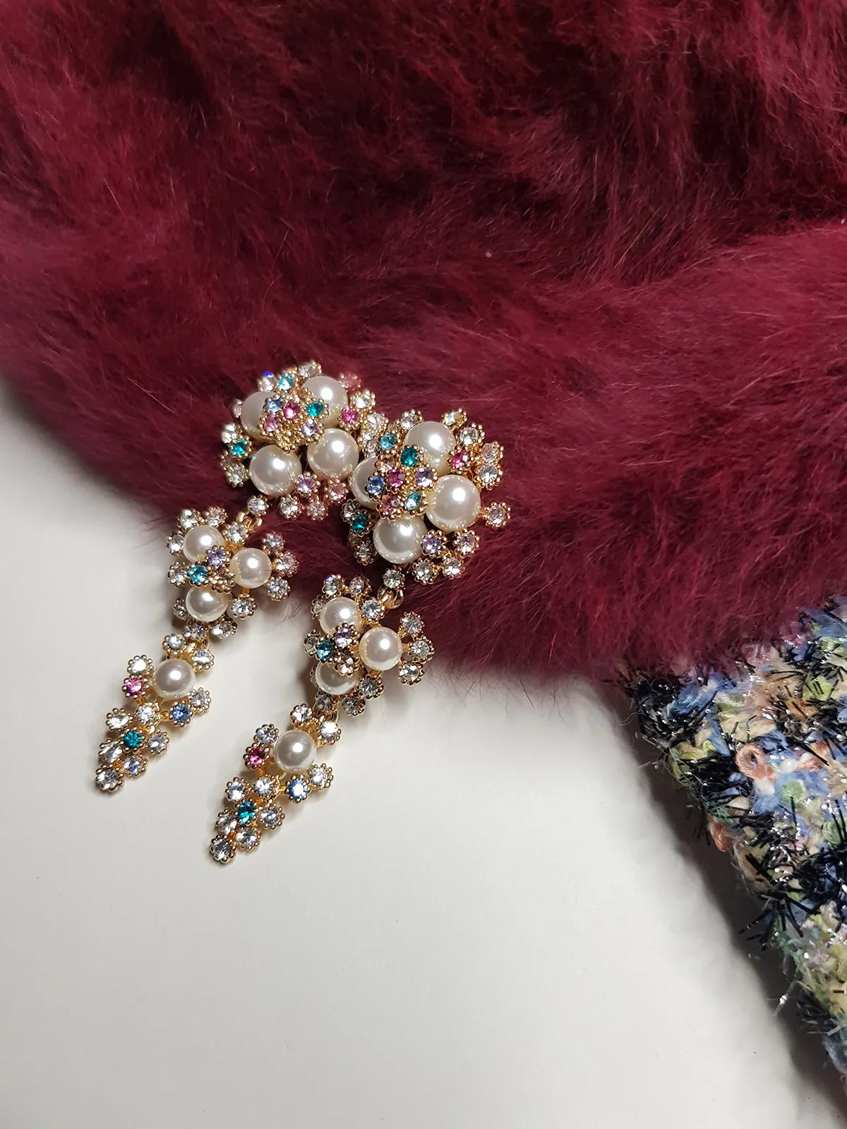 2000s Encrusted Sparkling Pearls & Crystals Drop Earrings - Very Dolce & Gabbana Vintage Couture Style - Ultra Sparkly - For Piericed Ears