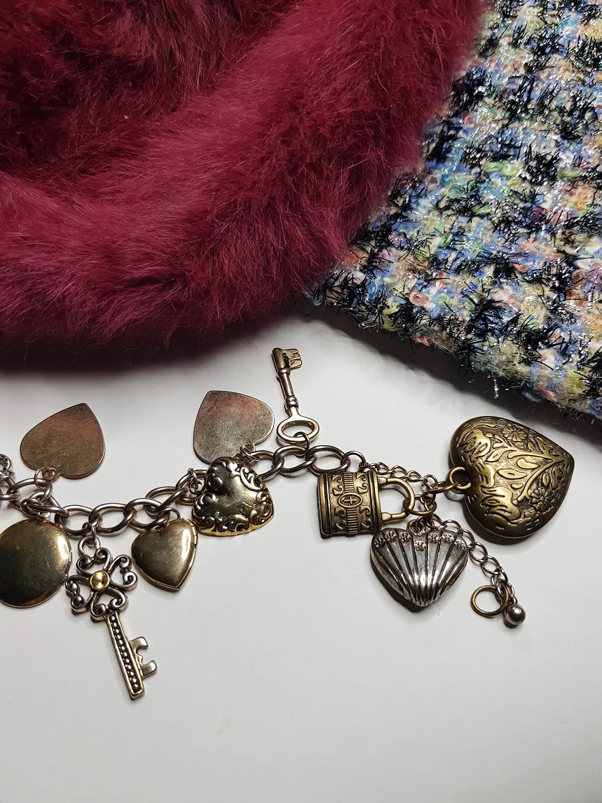 80s Vintage Romantic Whimsigoth Heart Padlocks & Keys Charm Bracelet in Mixed metals - Heavy & Beautiful Antique Metals - Engraved Hearts