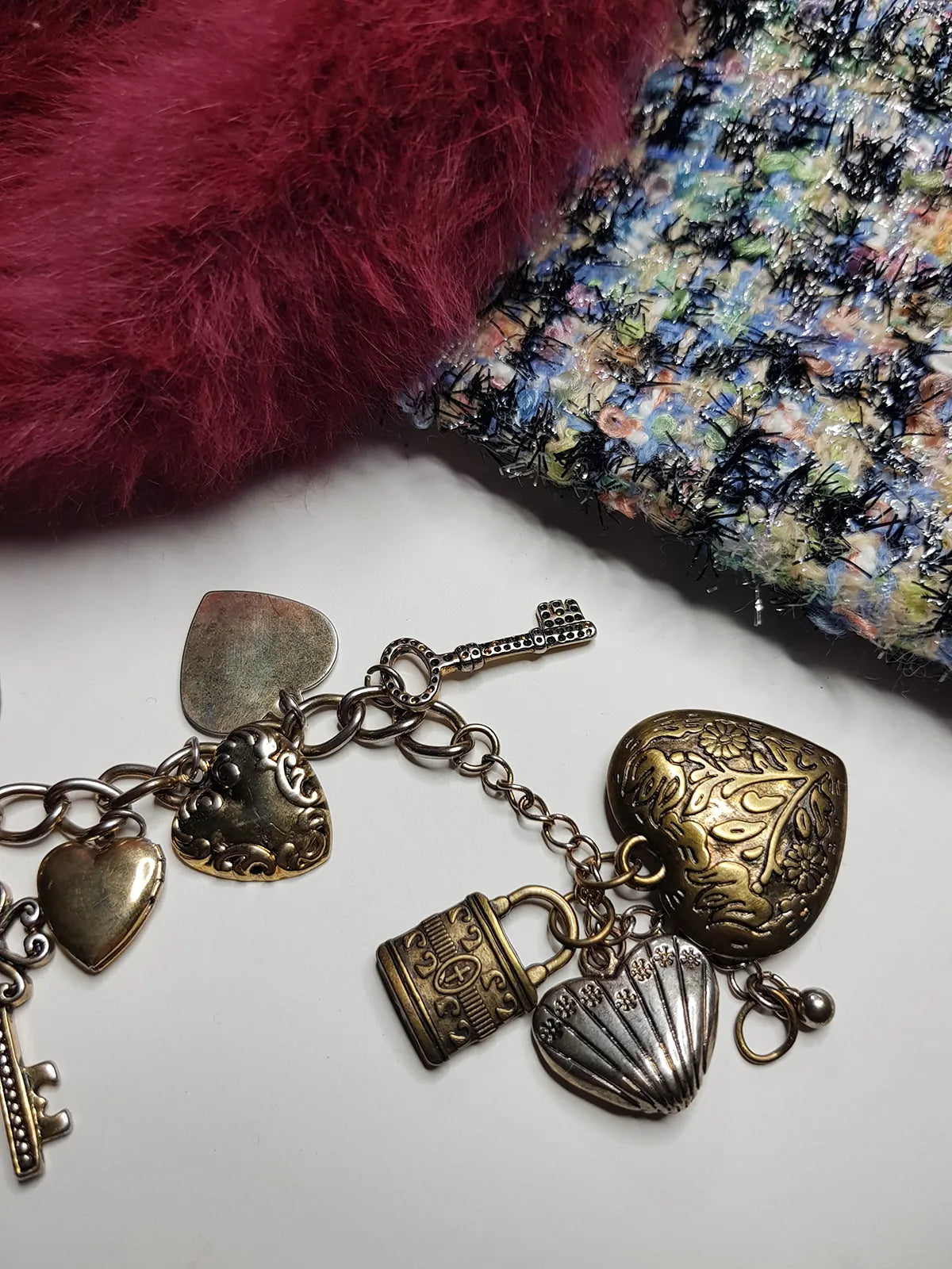 80s Vintage Romantic Whimsigoth Heart Padlocks & Keys Charm Bracelet in Mixed metals - Heavy & Beautiful Antique Metals - Engraved Hearts