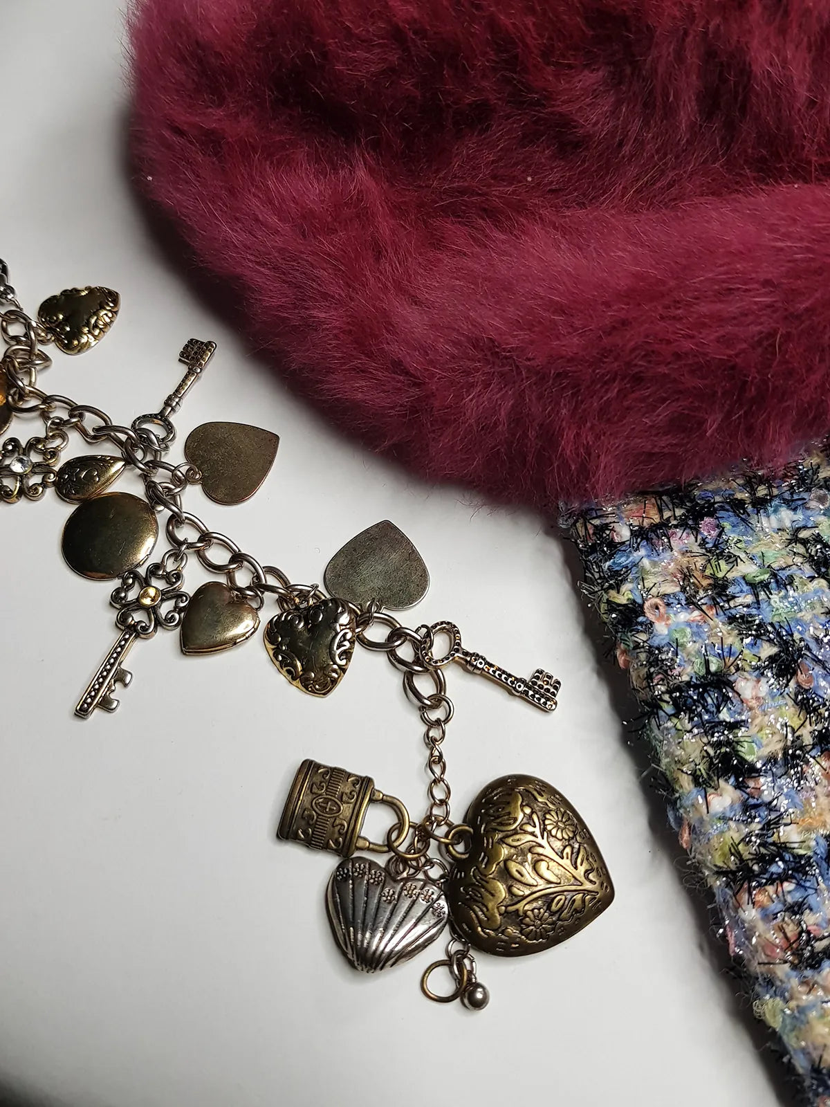 80s Vintage Romantic Whimsigoth Heart Padlocks & Keys Charm Bracelet in Mixed metals - Heavy & Beautiful Antique Metals - Engraved Hearts