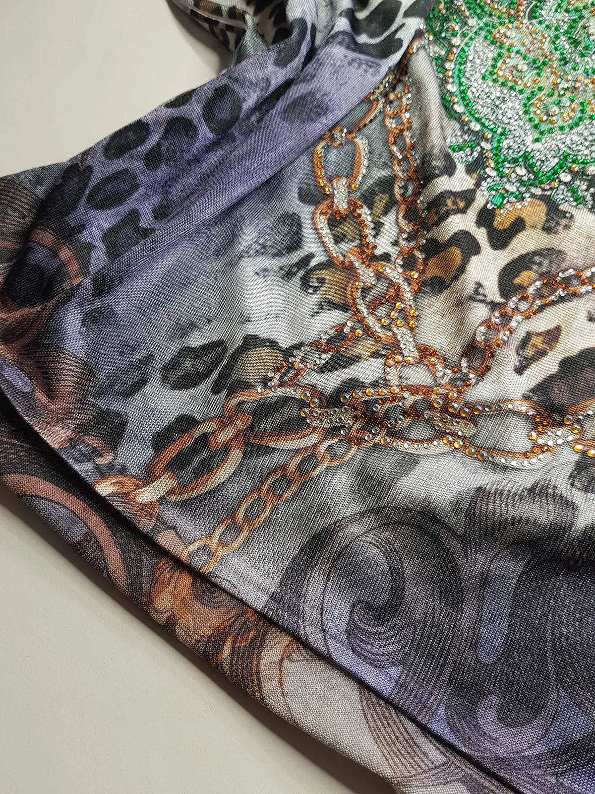 2000s Bohemian Draped Rhinestone top with Iconic Nostalgia Boho Print in Leopard & Chains - Perfect Shape