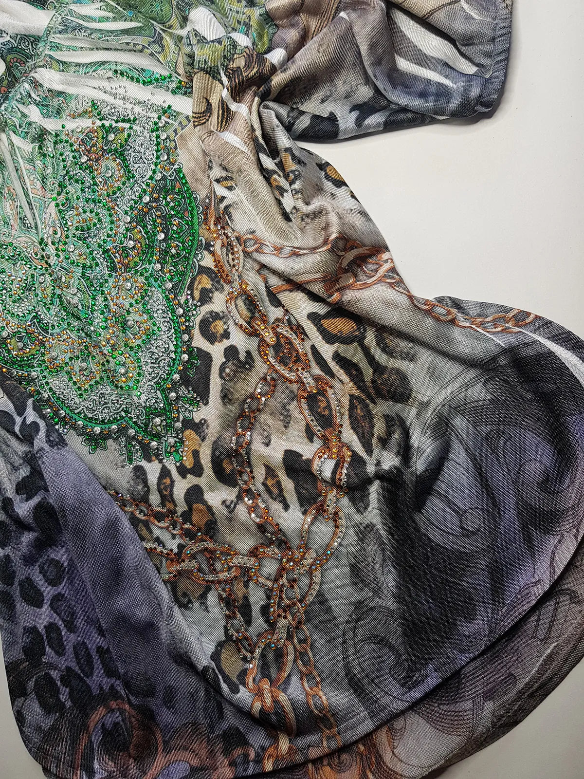 2000s Bohemian Draped Rhinestone top with Iconic Nostalgia Boho Print in Leopard & Chains - Perfect Shape