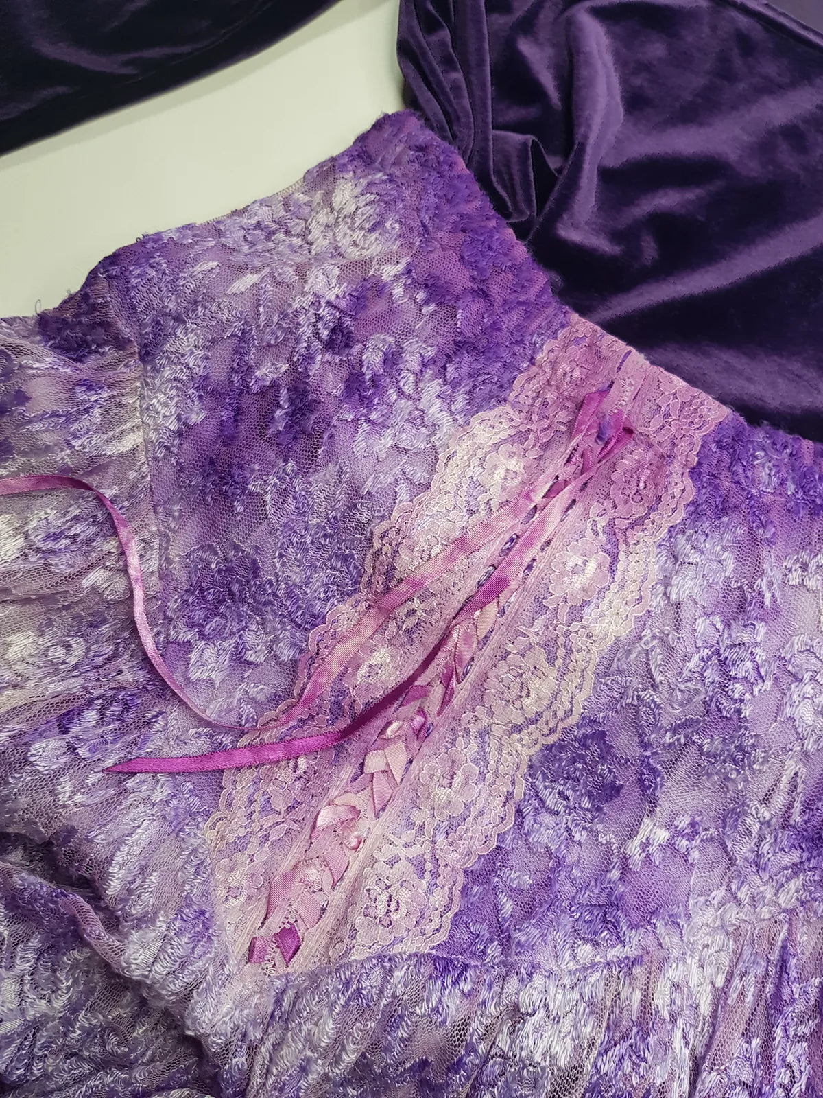 Ultra Rare 1980s Corset Style Whimsigoth Fairy Dress / Skirt in Purple Burnout Lace - Handmade & Hand Dyed - Gradient Purples Light to Dark - Mermaid Hemline