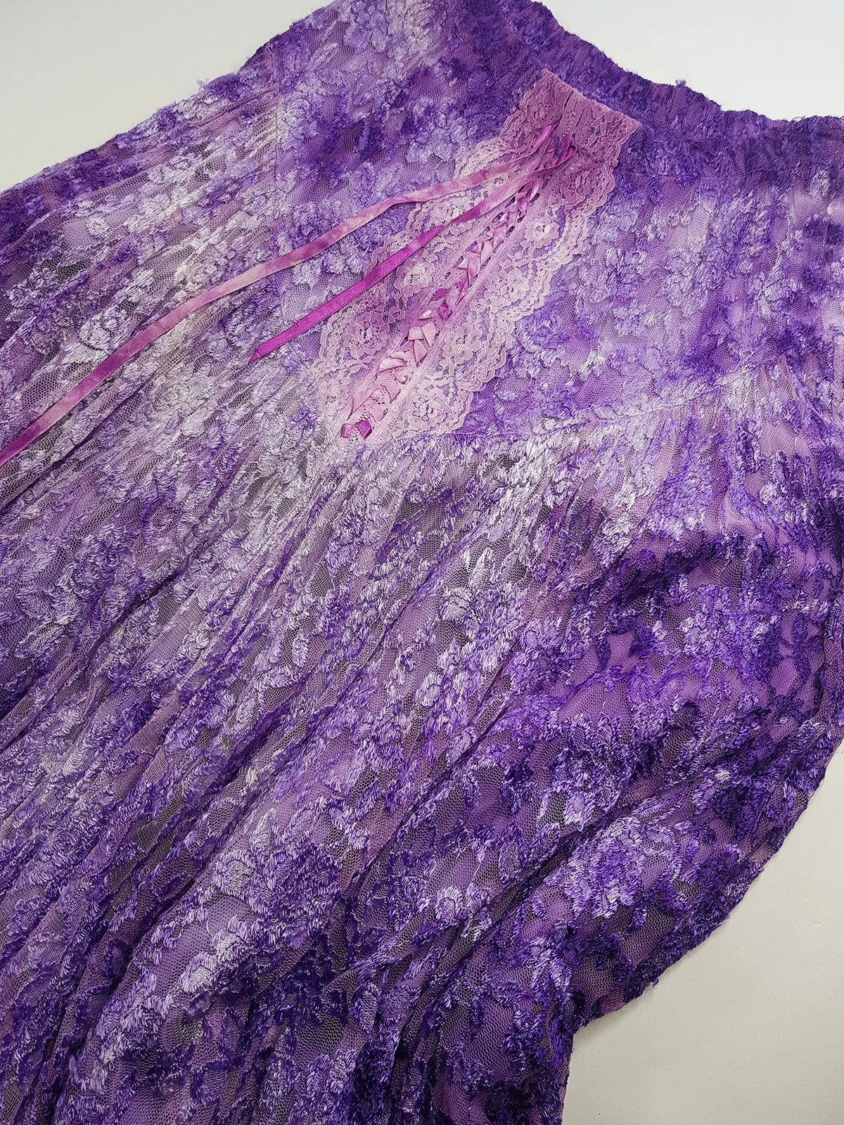 Ultra Rare 1980s Corset Style Whimsigoth Fairy Dress / Skirt in Purple Burnout Lace - Handmade & Hand Dyed - Gradient Purples Light to Dark - Mermaid Hemline