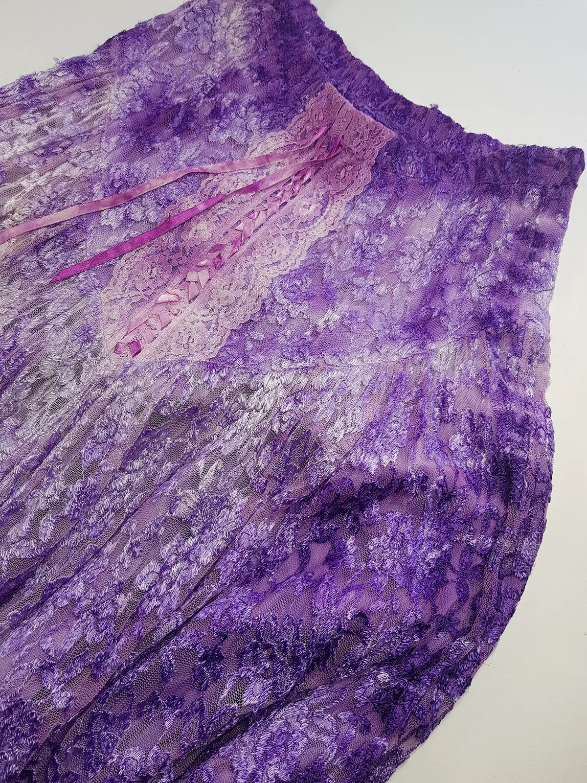 Ultra Rare 1980s Corset Style Whimsigoth Fairy Dress / Skirt in Purple Burnout Lace - Handmade & Hand Dyed - Gradient Purples Light to Dark - Mermaid Hemline