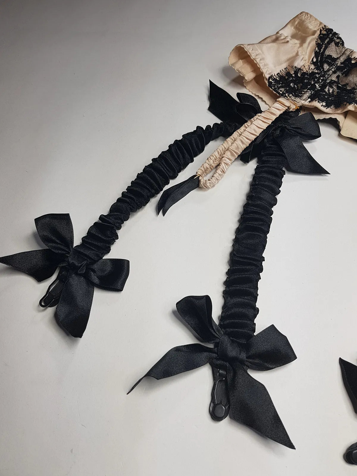 Agent Provocateur 2000s Champagne & Black Lingerie Suspender Belt with custom made suspenders with Bows - Satin & Eyelash Lace