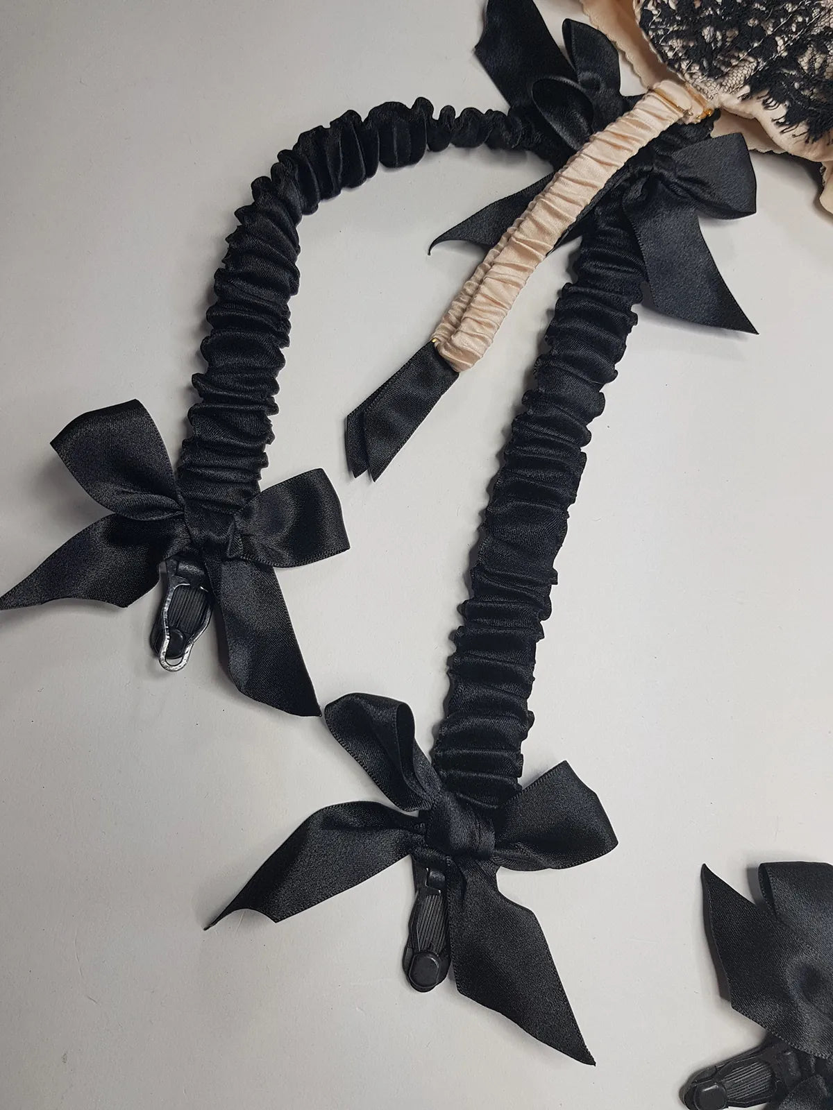 Agent Provocateur 2000s Champagne & Black Lingerie Suspender Belt with custom made suspenders with Bows - Satin & Eyelash Lace