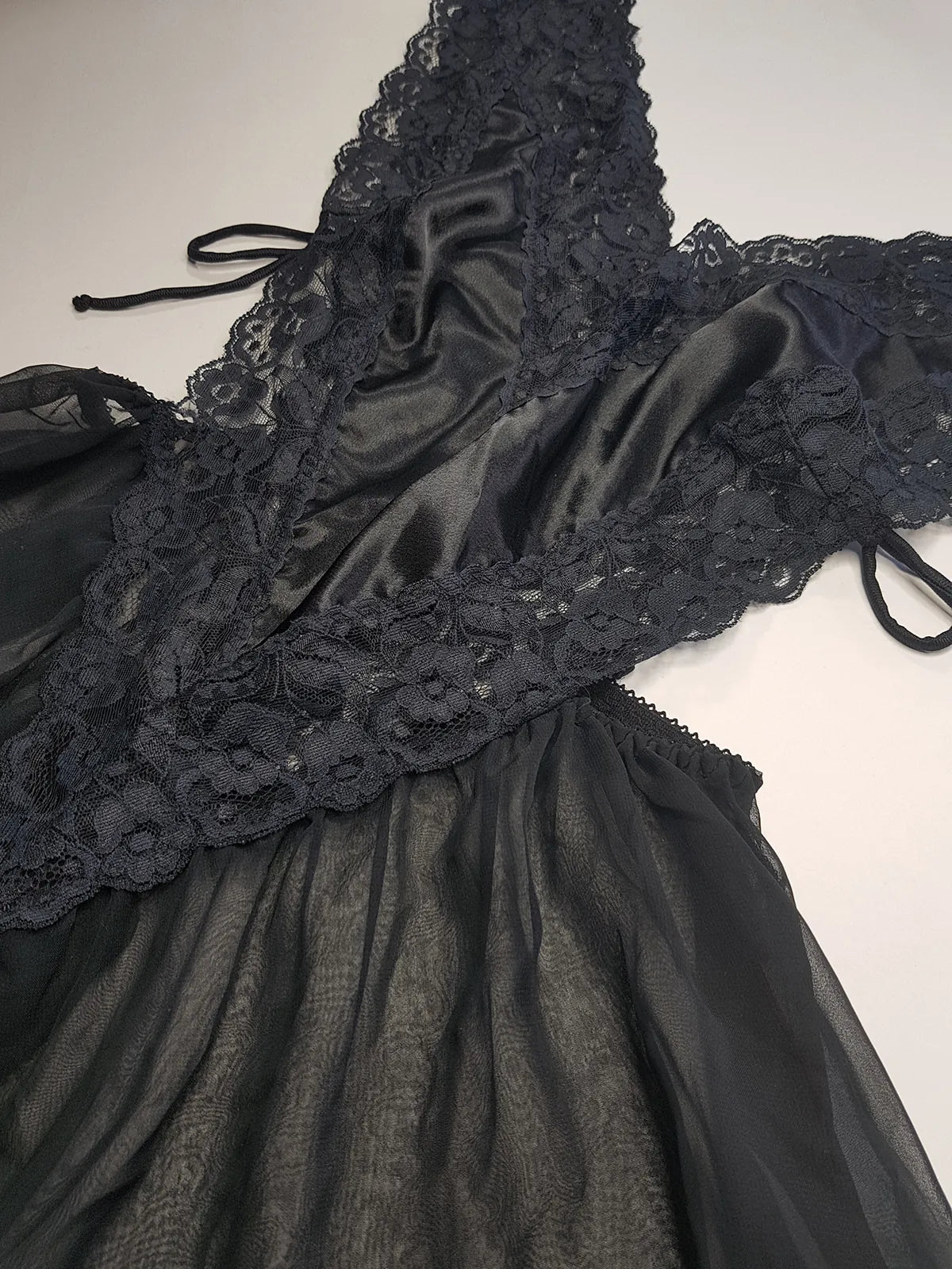 1990s Romantic Gothic Vintage Dreamy Lace & Satin High Cut Teddy - Unworn - Ties at the sides - Flouncy Skirt - Unbelievably Gorgeous in Beautiful Black Lace