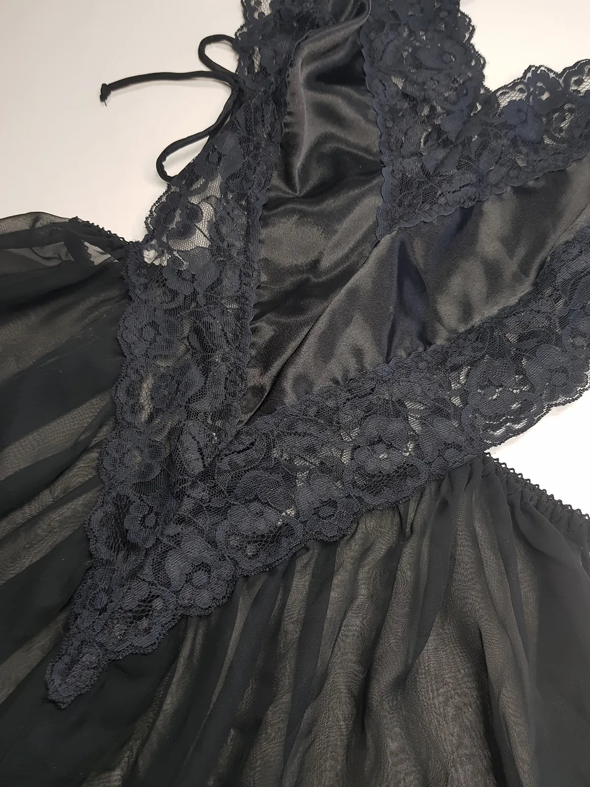 1990s Romantic Gothic Vintage Dreamy Lace & Satin High Cut Teddy - Unworn - Ties at the sides - Flouncy Skirt - Unbelievably Gorgeous in Beautiful Black Lace
