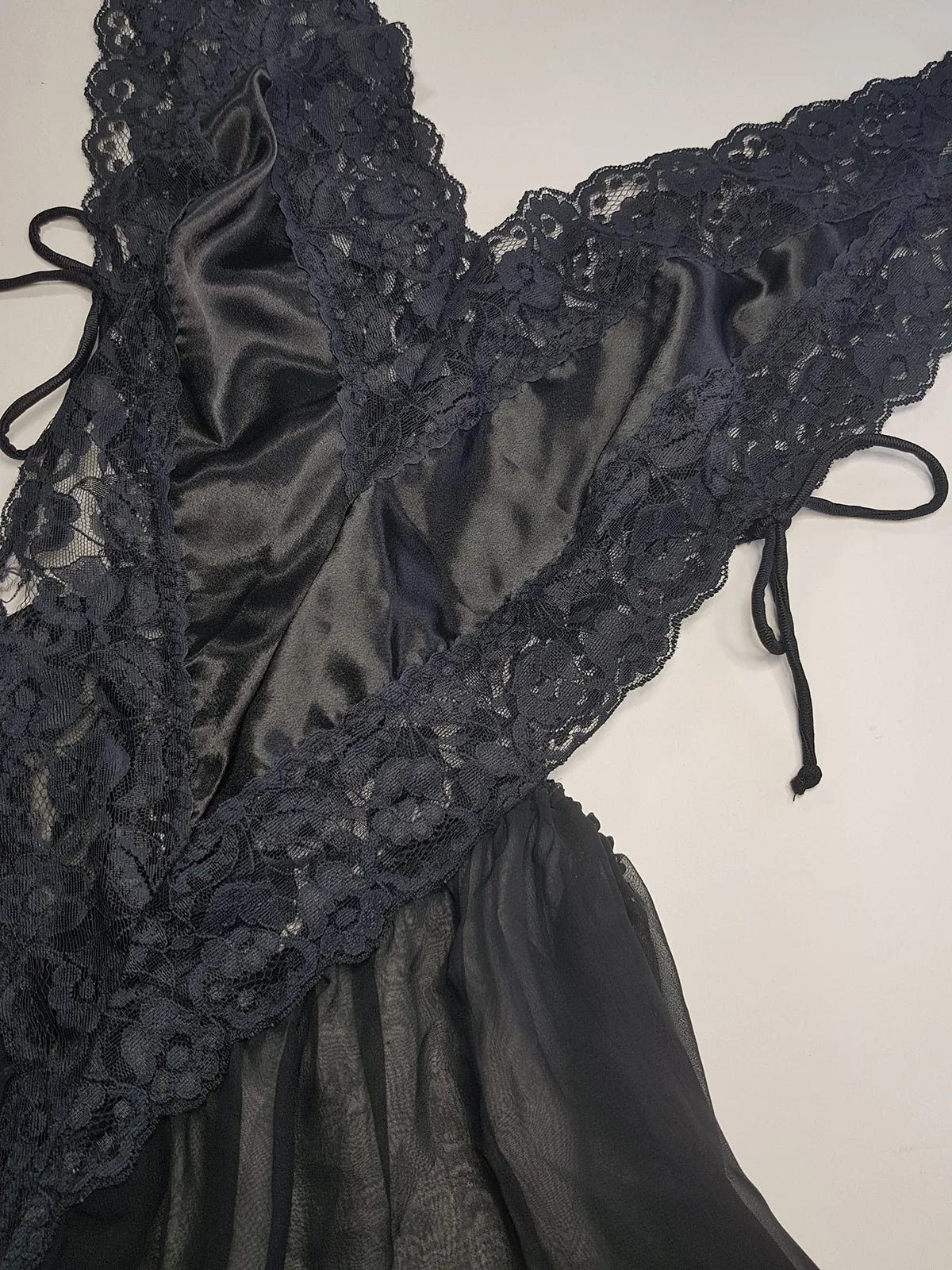 1990s Romantic Gothic Vintage Dreamy Lace & Satin High Cut Teddy - Unworn - Ties at the sides - Flouncy Skirt - Unbelievably Gorgeous in Beautiful Black Lace