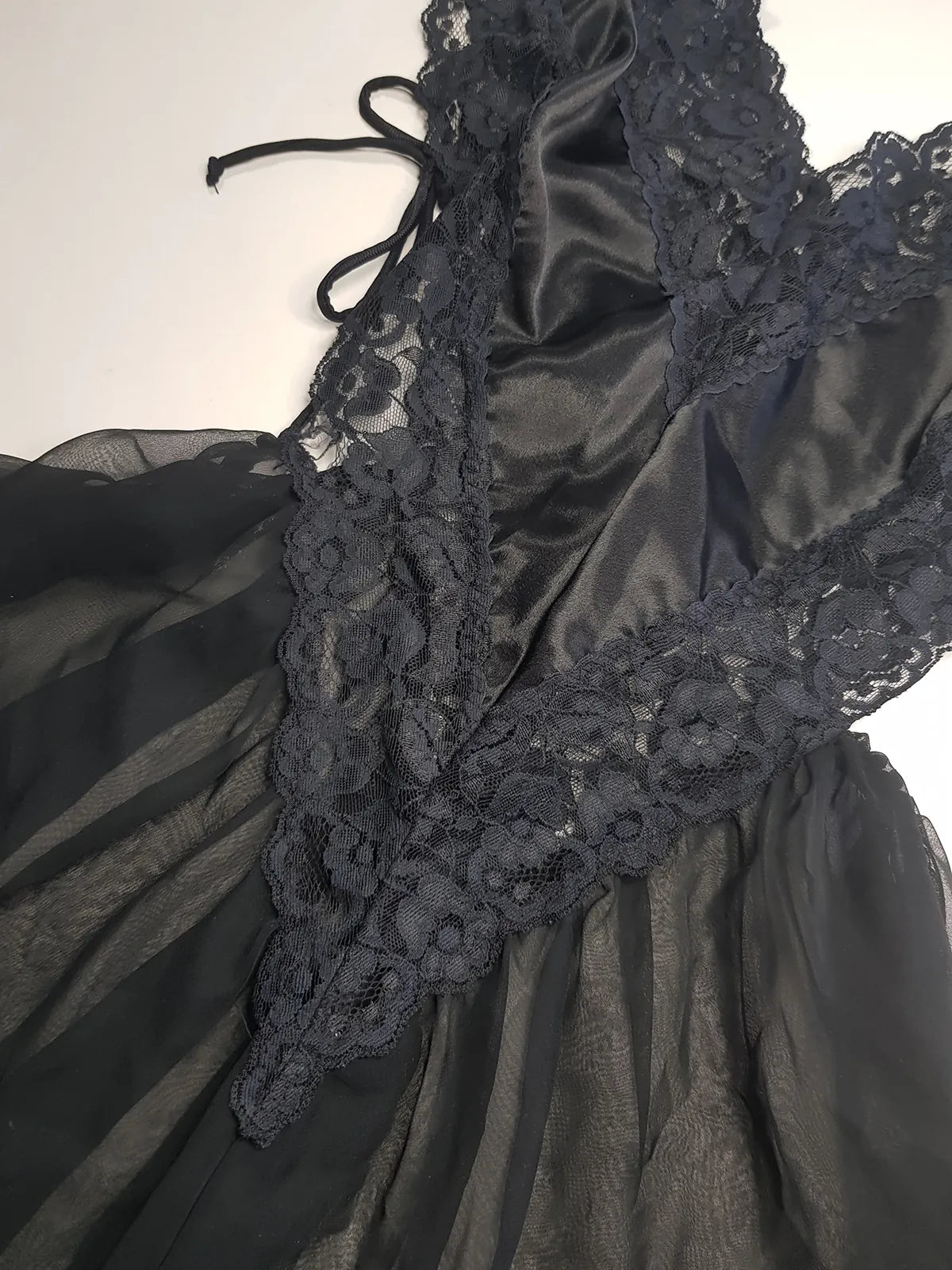 1990s Romantic Gothic Vintage Dreamy Lace & Satin High Cut Teddy - Unworn - Ties at the sides - Flouncy Skirt - Unbelievably Gorgeous in Beautiful Black Lace