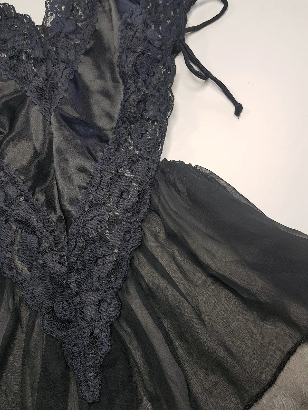 1990s Romantic Gothic Vintage Dreamy Lace & Satin High Cut Teddy - Unworn - Ties at the sides - Flouncy Skirt - Unbelievably Gorgeous in Beautiful Black Lace