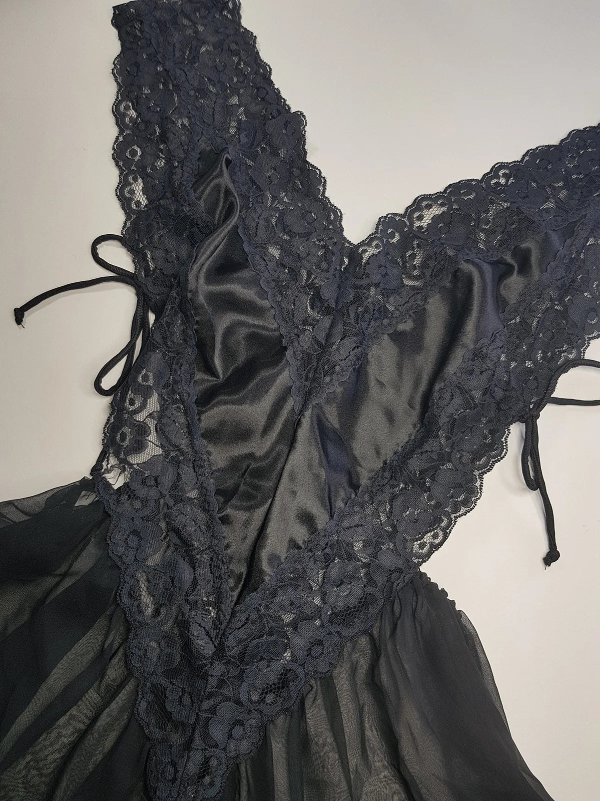 1990s Romantic Gothic Vintage Dreamy Lace & Satin High Cut Teddy - Unworn - Ties at the sides - Flouncy Skirt - Unbelievably Gorgeous in Beautiful Black Lace