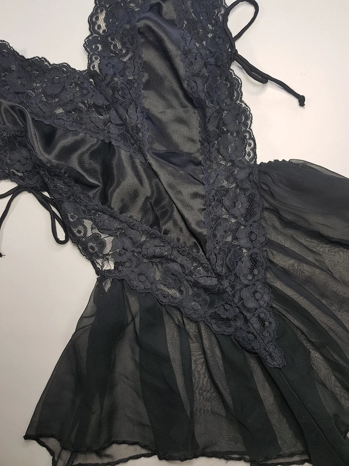 1990s Romantic Gothic Vintage Dreamy Lace & Satin High Cut Teddy - Unworn - Ties at the sides - Flouncy Skirt - Unbelievably Gorgeous in Beautiful Black Lace