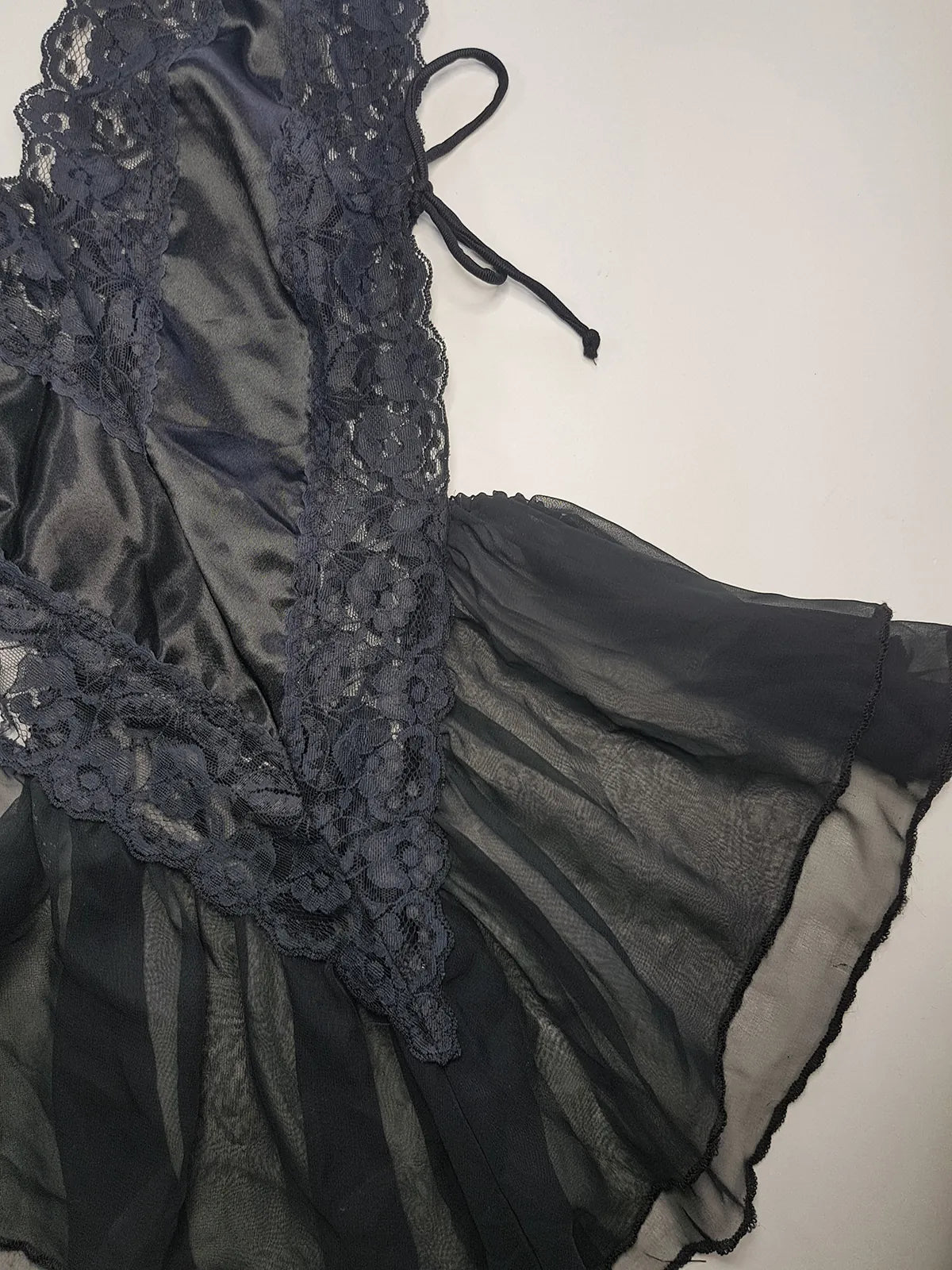 1990s Romantic Gothic Vintage Dreamy Lace & Satin High Cut Teddy - Unworn - Ties at the sides - Flouncy Skirt - Unbelievably Gorgeous in Beautiful Black Lace