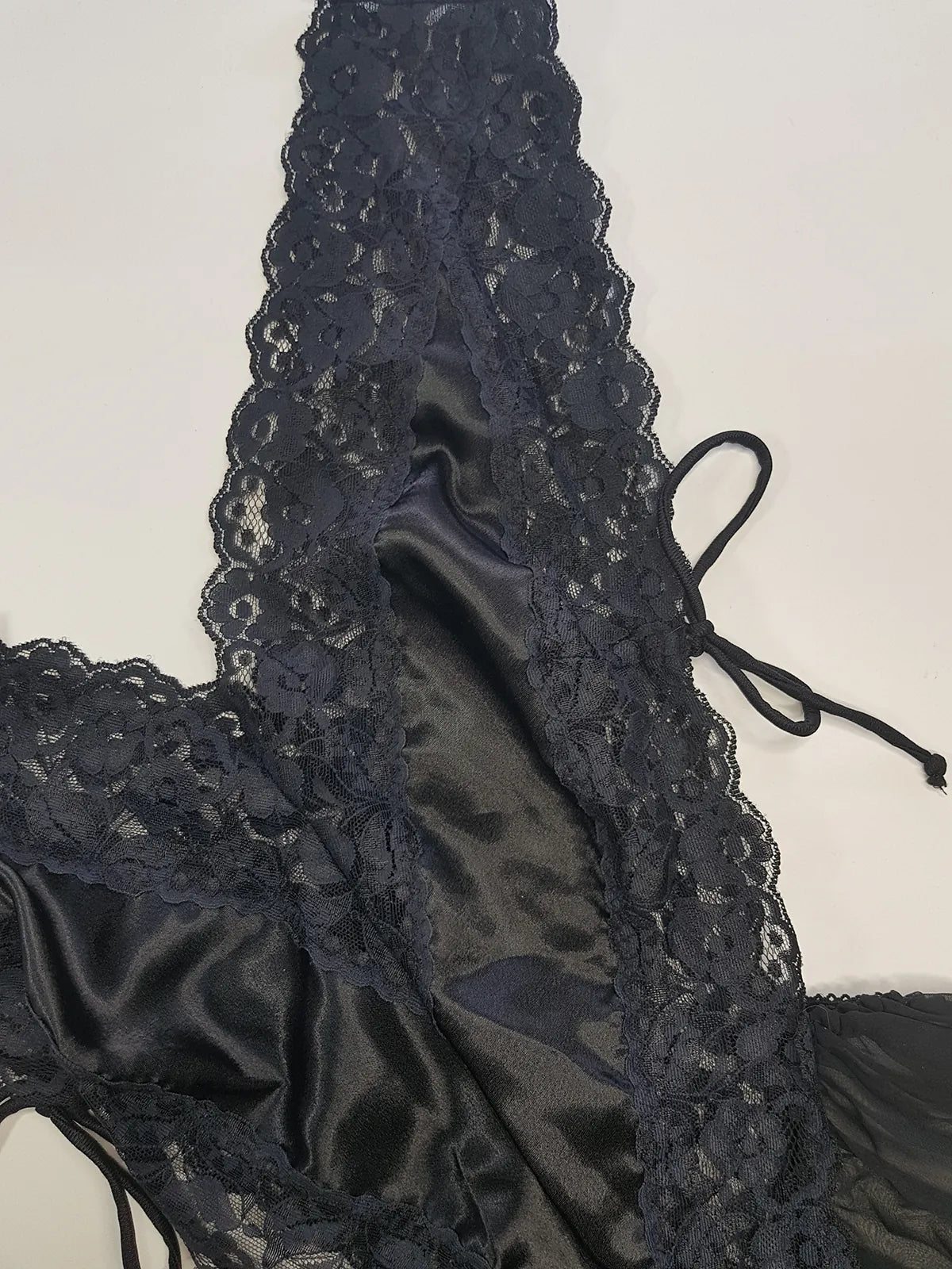 1990s Romantic Gothic Vintage Dreamy Lace & Satin High Cut Teddy - Unworn - Ties at the sides - Flouncy Skirt - Unbelievably Gorgeous in Beautiful Black Lace