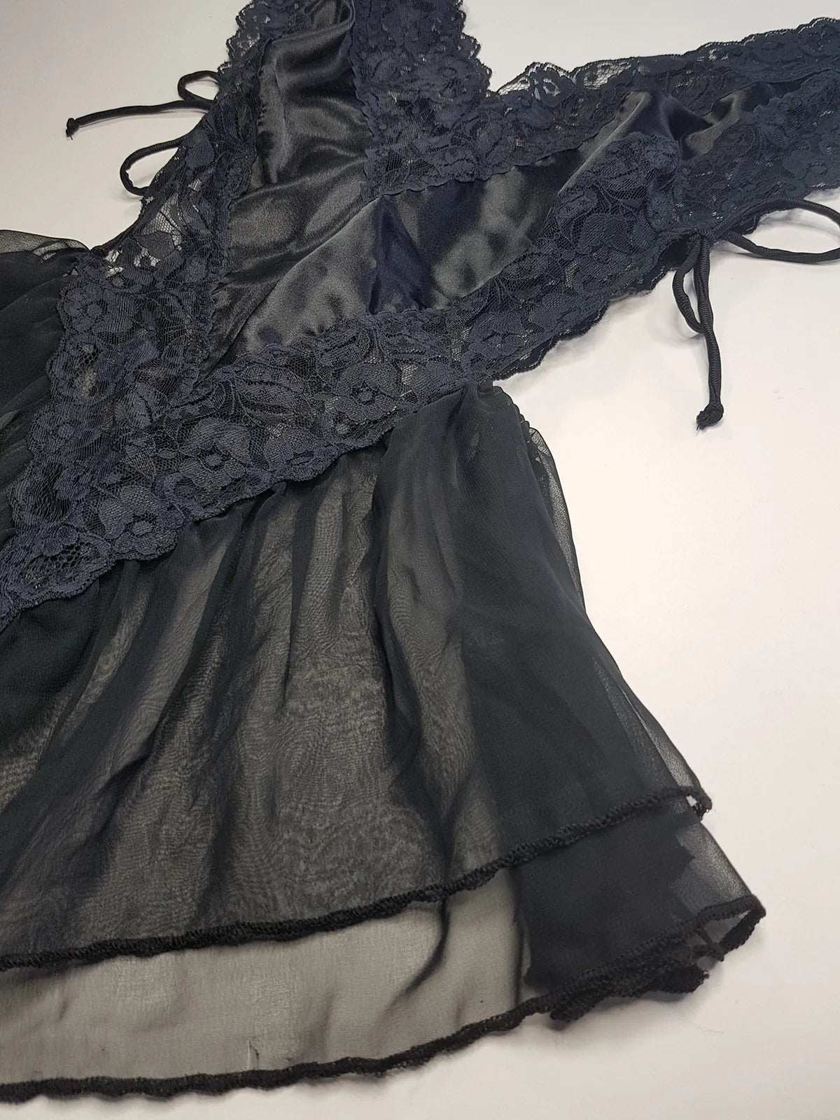 1990s Romantic Gothic Vintage Dreamy Lace & Satin High Cut Teddy - Unworn - Ties at the sides - Flouncy Skirt - Unbelievably Gorgeous in Beautiful Black Lace