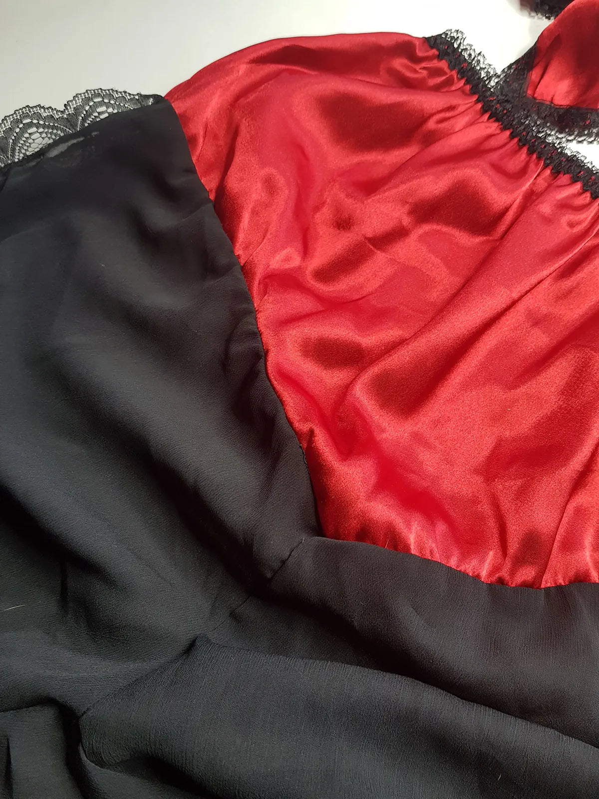 Vintage 1980s Arabian Playboy Style Belly Dance Lingerie 3 Piece Set - Rich Ruby Red Satin & Black Lace - Tie Top & Long Slits up the Sides of the Pants - Matching Sheer Lace Face Covering