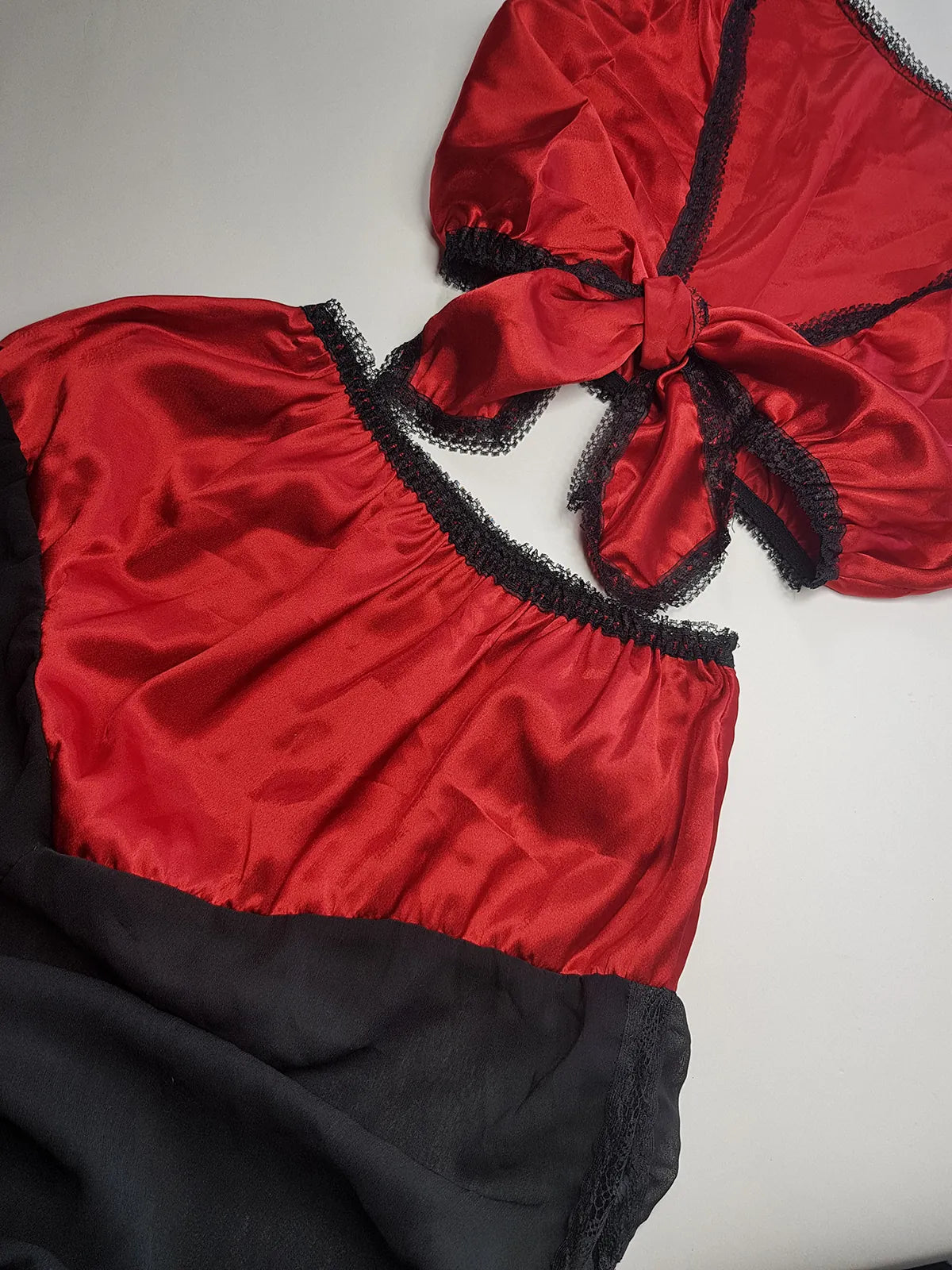 Vintage 1980s Arabian Playboy Style Belly Dance Lingerie 3 Piece Set - Rich Ruby Red Satin & Black Lace - Tie Top & Long Slits up the Sides of the Pants - Matching Sheer Lace Face Covering
