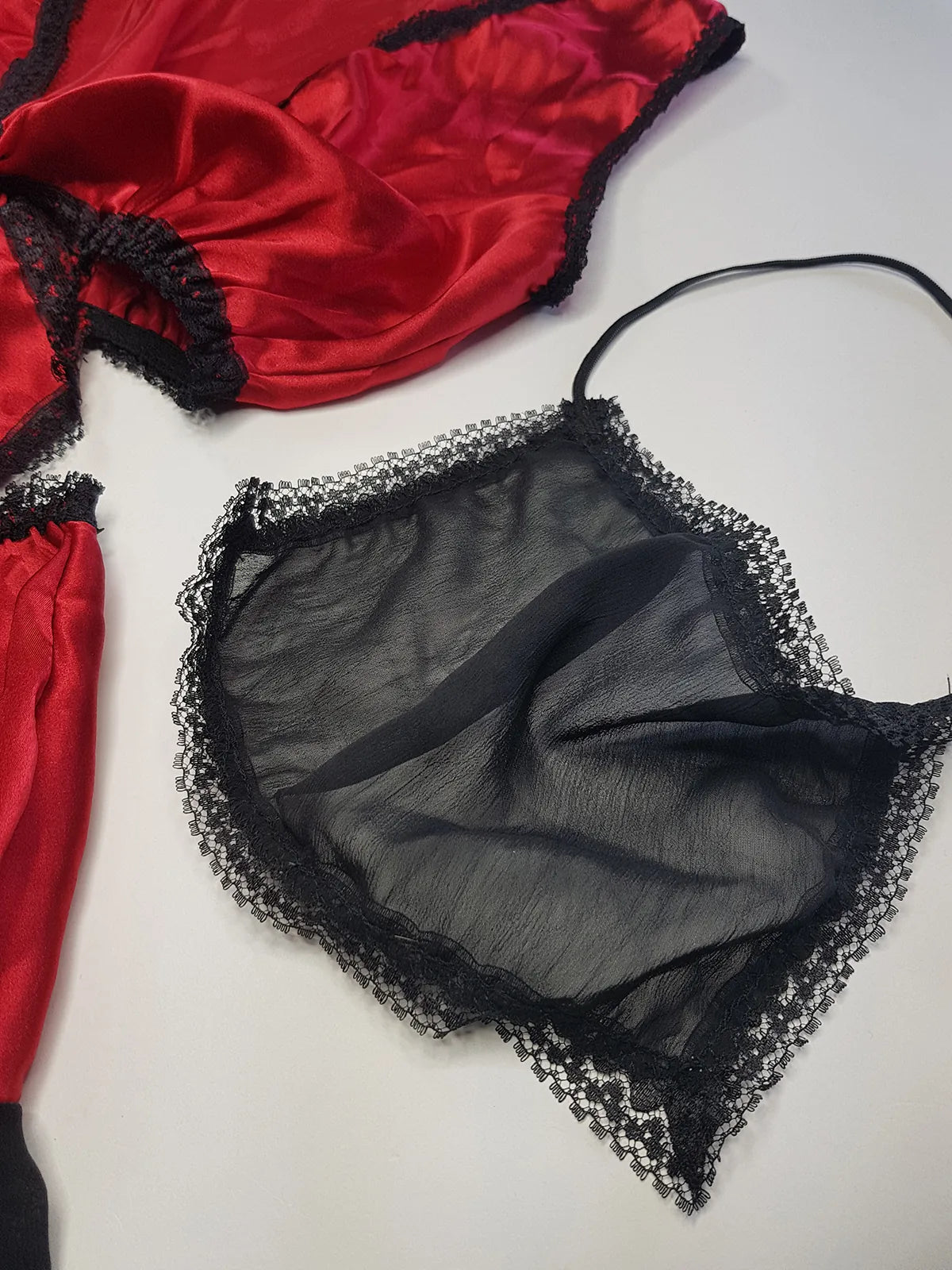 Vintage 1980s Arabian Playboy Style Belly Dance Lingerie 3 Piece Set - Rich Ruby Red Satin & Black Lace - Tie Top & Long Slits up the Sides of the Pants - Matching Sheer Lace Face Covering