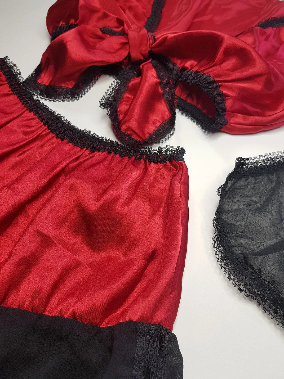 Vintage 1980s Arabian Playboy Style Belly Dance Lingerie 3 Piece Set - Rich Ruby Red Satin & Black Lace - Tie Top & Long Slits up the Sides of the Pants - Matching Sheer Lace Face Covering