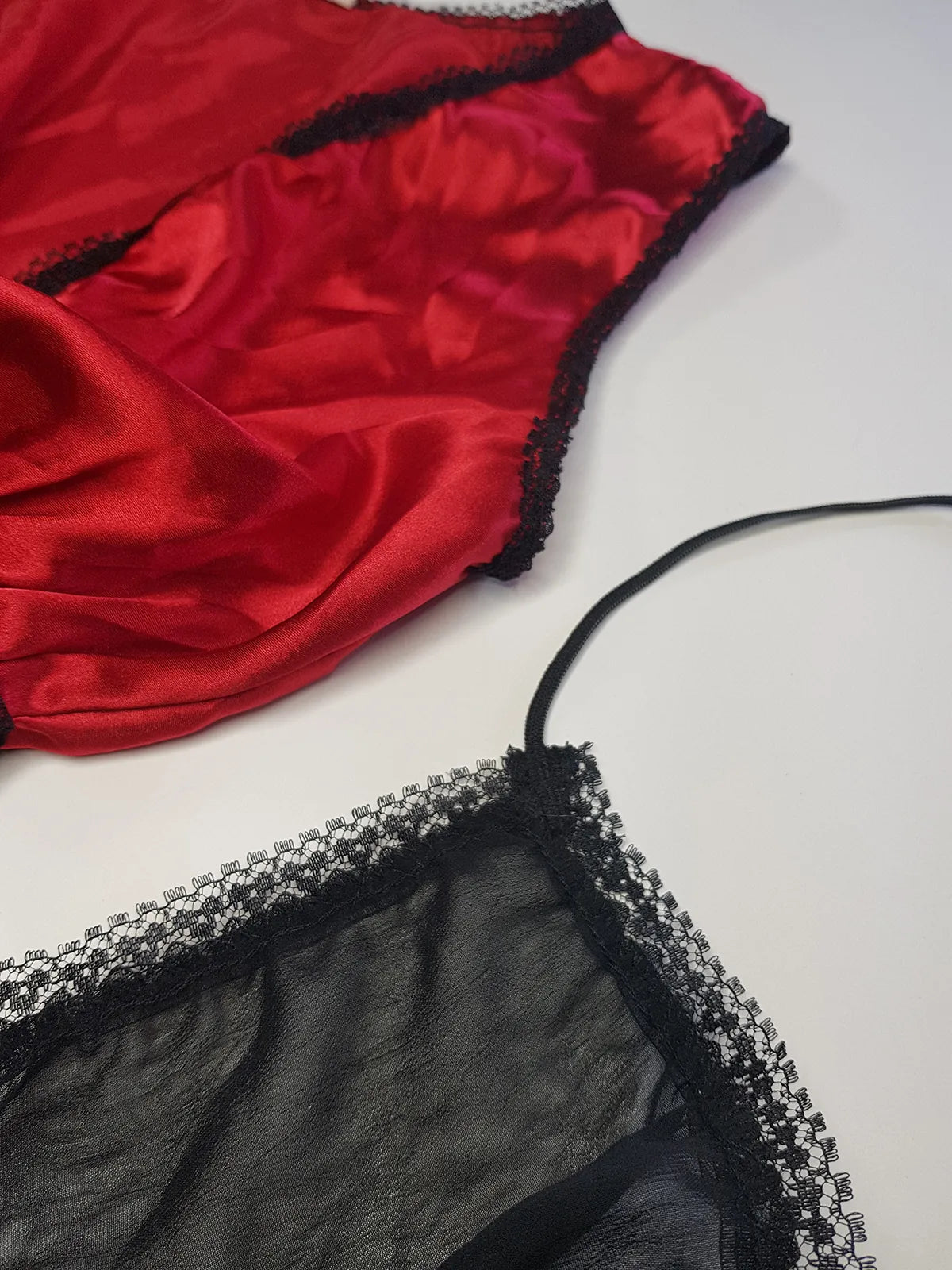 Vintage 1980s Arabian Playboy Style Belly Dance Lingerie 3 Piece Set - Rich Ruby Red Satin & Black Lace - Tie Top & Long Slits up the Sides of the Pants - Matching Sheer Lace Face Covering