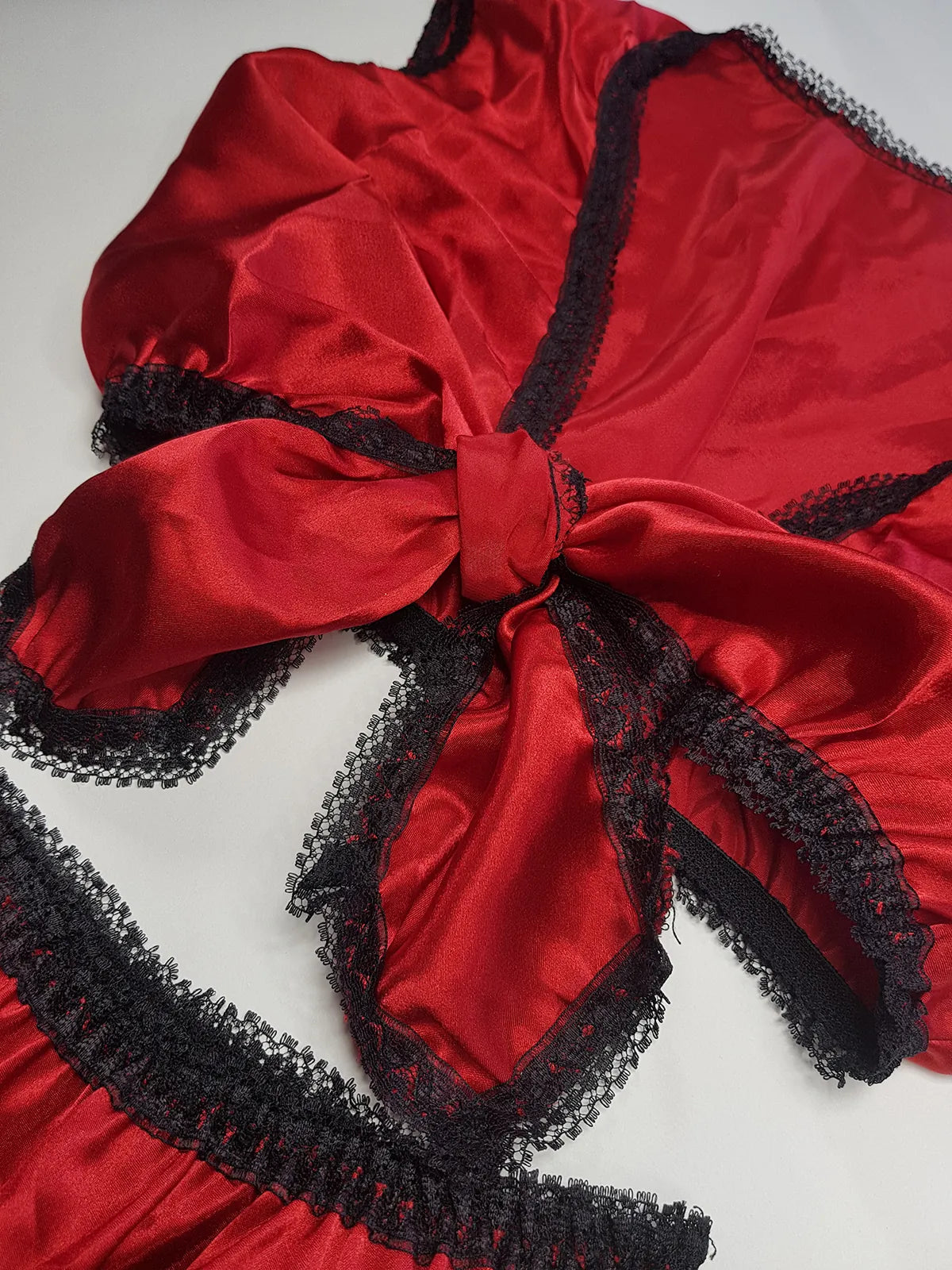 Vintage 1980s Arabian Playboy Style Belly Dance Lingerie 3 Piece Set - Rich Ruby Red Satin & Black Lace - Tie Top & Long Slits up the Sides of the Pants - Matching Sheer Lace Face Covering