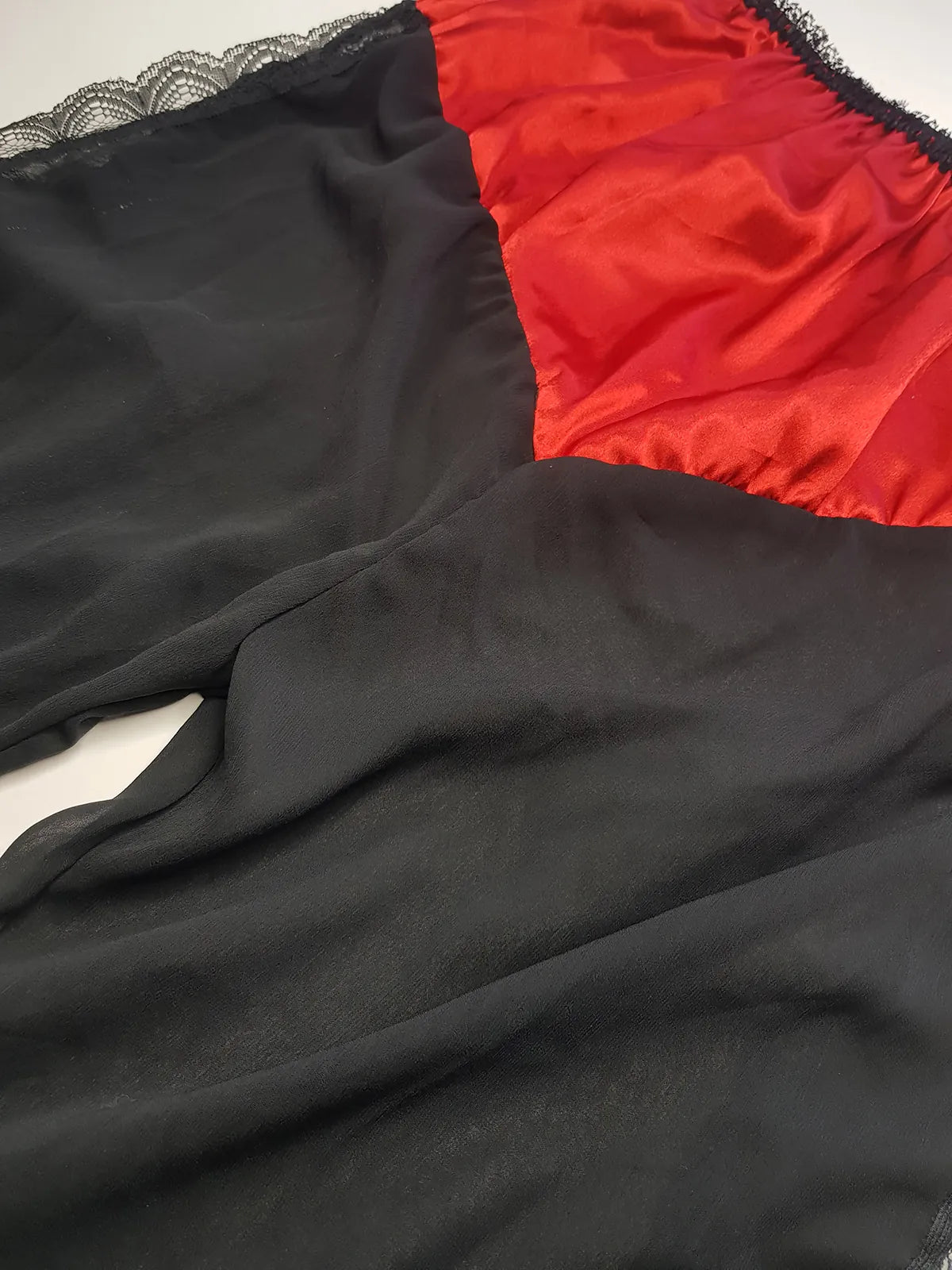 Vintage 1980s Arabian Playboy Style Belly Dance Lingerie 3 Piece Set - Rich Ruby Red Satin & Black Lace - Tie Top & Long Slits up the Sides of the Pants - Matching Sheer Lace Face Covering