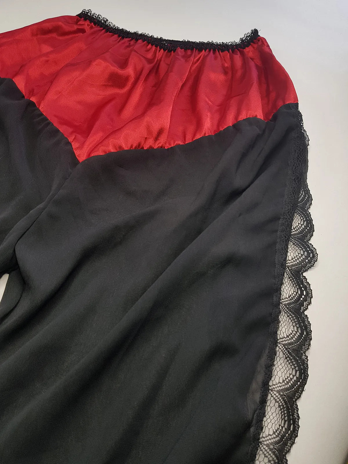 Vintage 1980s Arabian Playboy Style Belly Dance Lingerie 3 Piece Set - Rich Ruby Red Satin & Black Lace - Tie Top & Long Slits up the Sides of the Pants - Matching Sheer Lace Face Covering