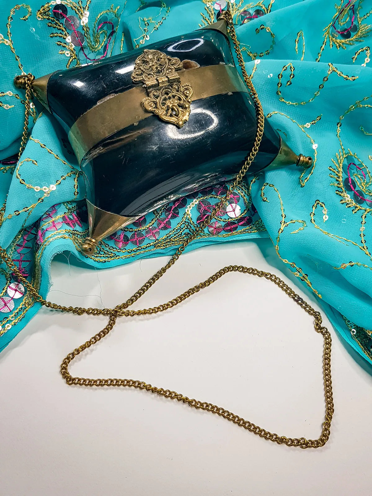 1930's Minaudière Velvet-Lined Horn & Brass Pillow Box Purse