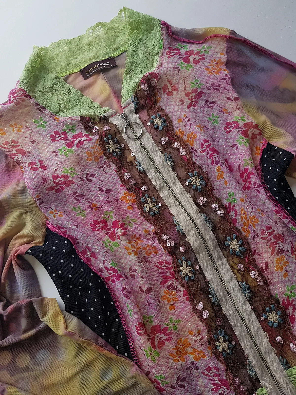 Unbelievable 90s Designer David Pond Mesh & Lace top with intricate hand embroidery and mixed fabrics in Pinks & Greens - very JPG style