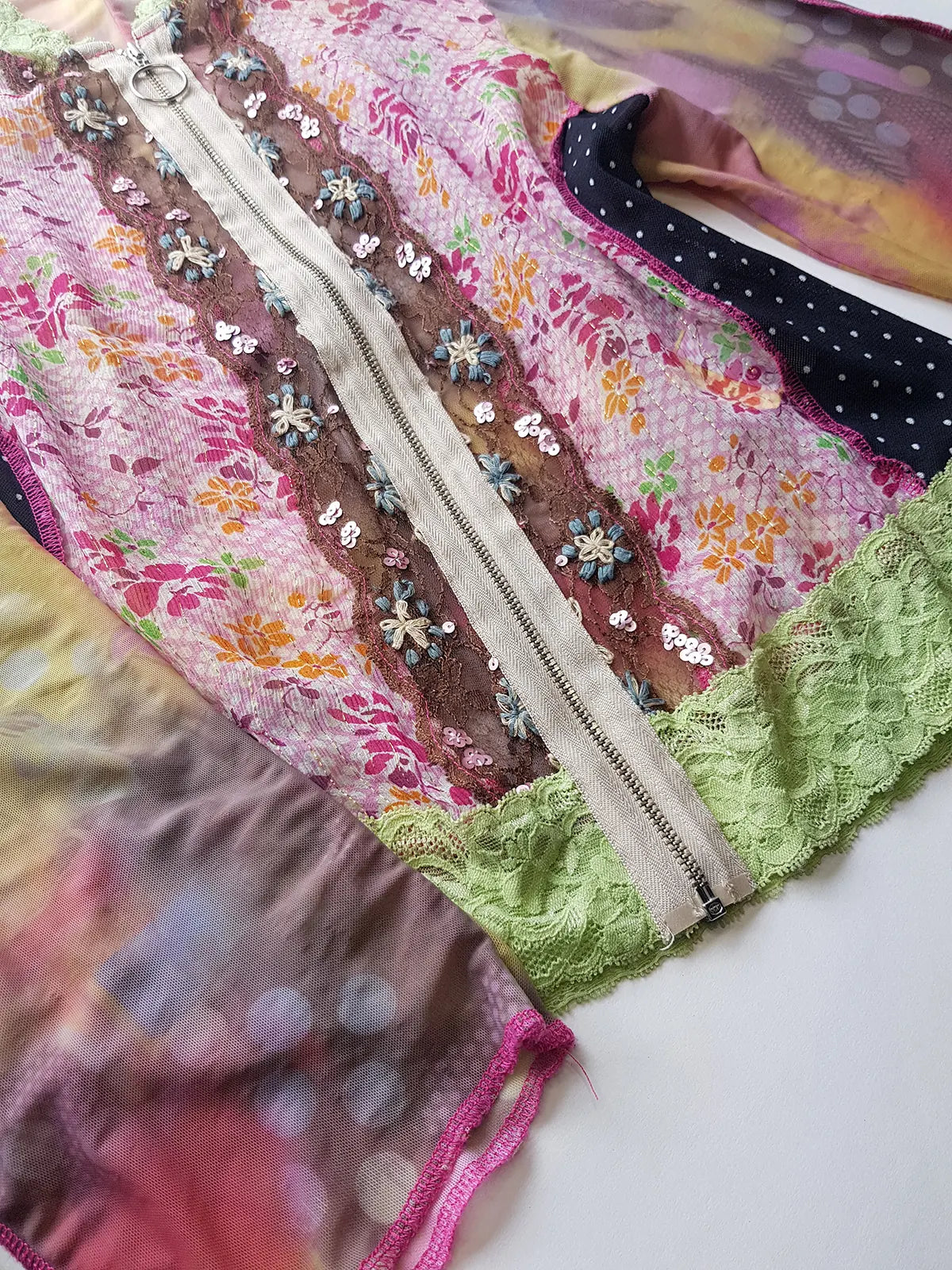 Unbelievable 90s Designer David Pond Mesh & Lace top with intricate hand embroidery and mixed fabrics in Pinks & Greens - very JPG style