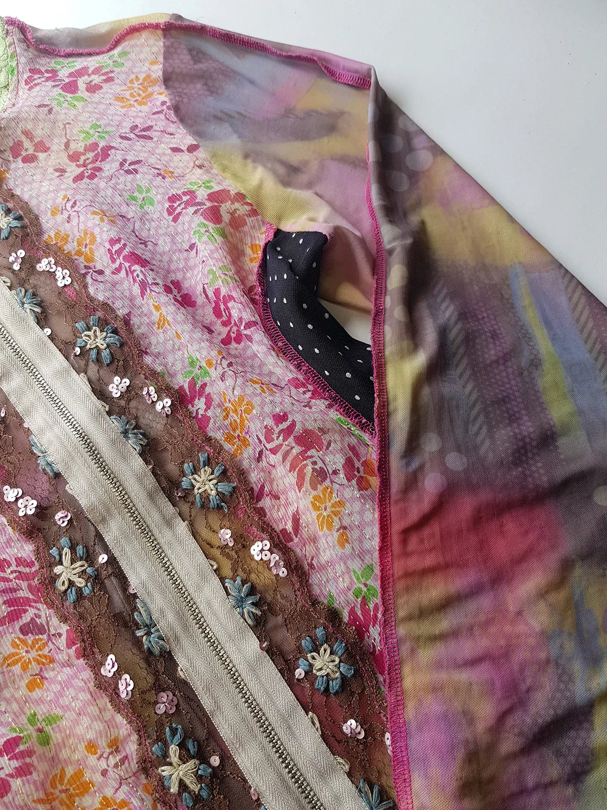 Unbelievable 90s Designer David Pond Mesh & Lace top with intricate hand embroidery and mixed fabrics in Pinks & Greens - very JPG style