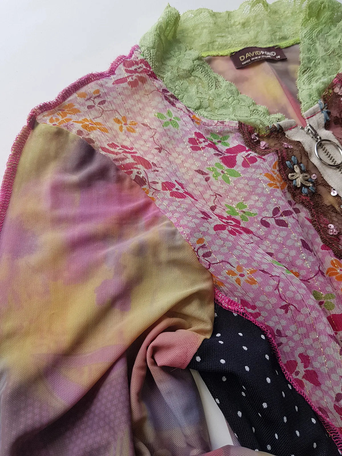 Unbelievable 90s Designer David Pond Mesh & Lace top with intricate hand embroidery and mixed fabrics in Pinks & Greens - very JPG style