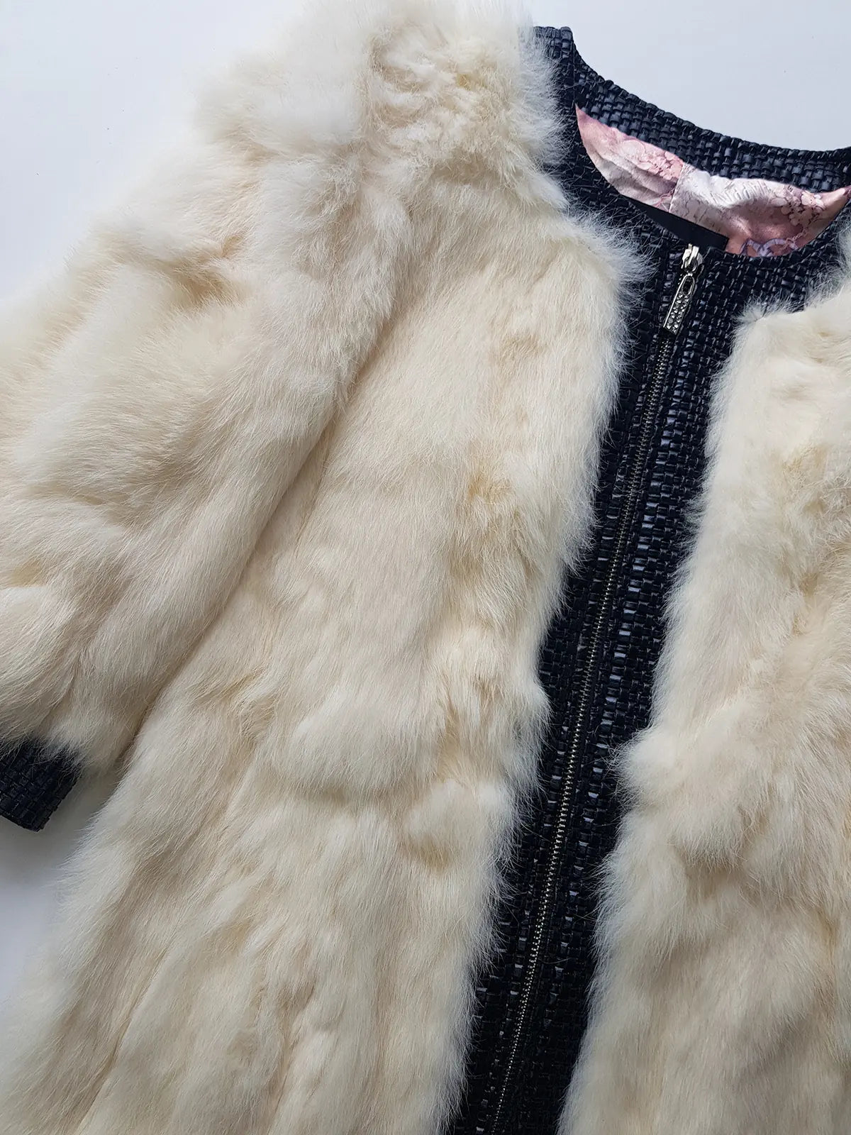 2000s Vintage Authentic White Rabbit Coat with Black Braided Leather Feature Detailing - Short Sleeves & fully lined