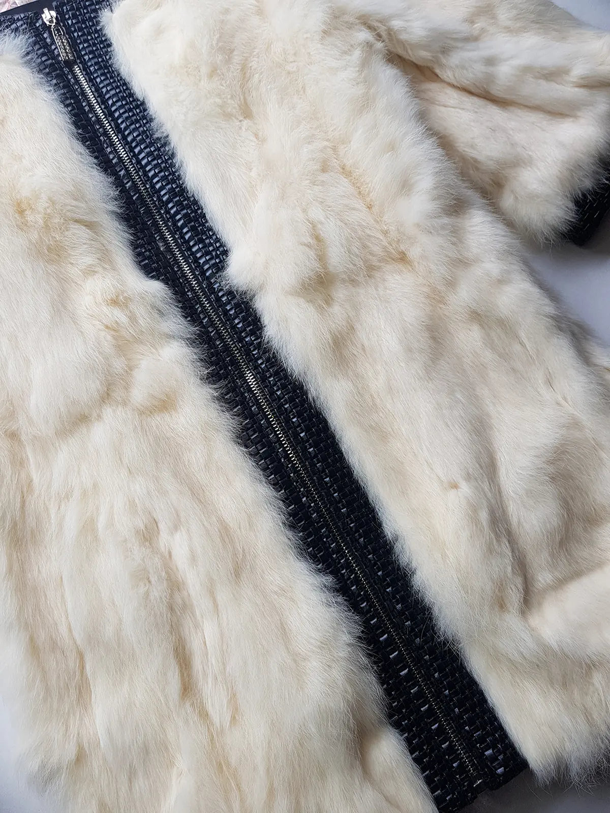 2000s Vintage Authentic White Rabbit Coat with Black Braided Leather Feature Detailing - Short Sleeves & fully lined