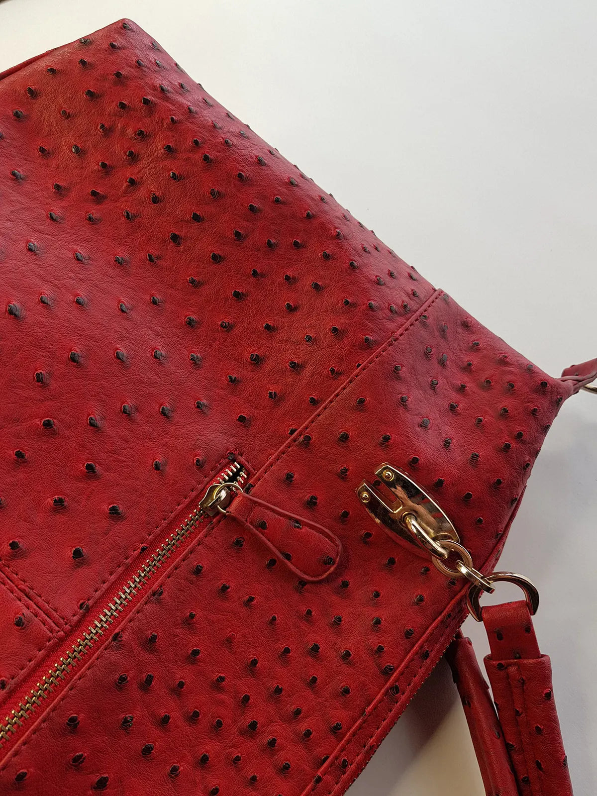 Vintage 2000s Ruby Red Vegan Ostrich Leather Bag - Gold Hardware - Chocolate Lining & Internal Pockets