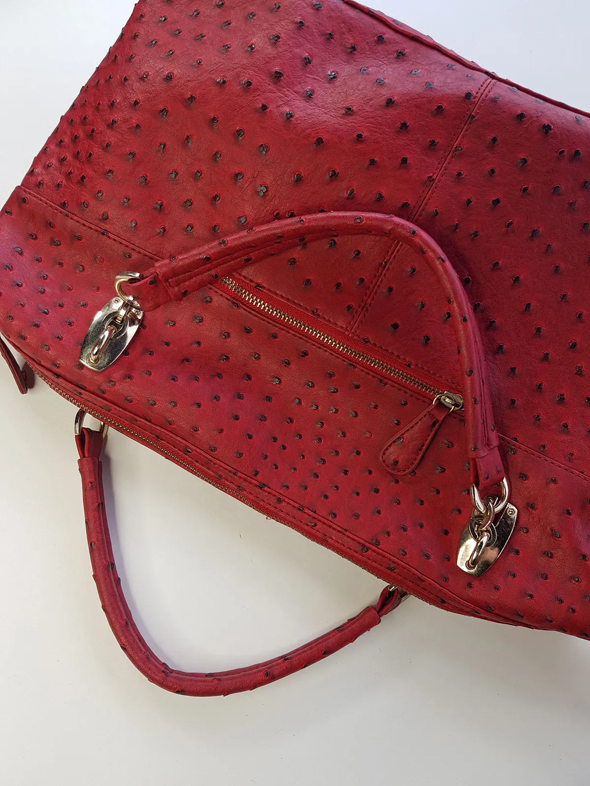 Vintage 2000s Ruby Red Vegan Ostrich Leather Bag - Gold Hardware - Chocolate Lining & Internal Pockets
