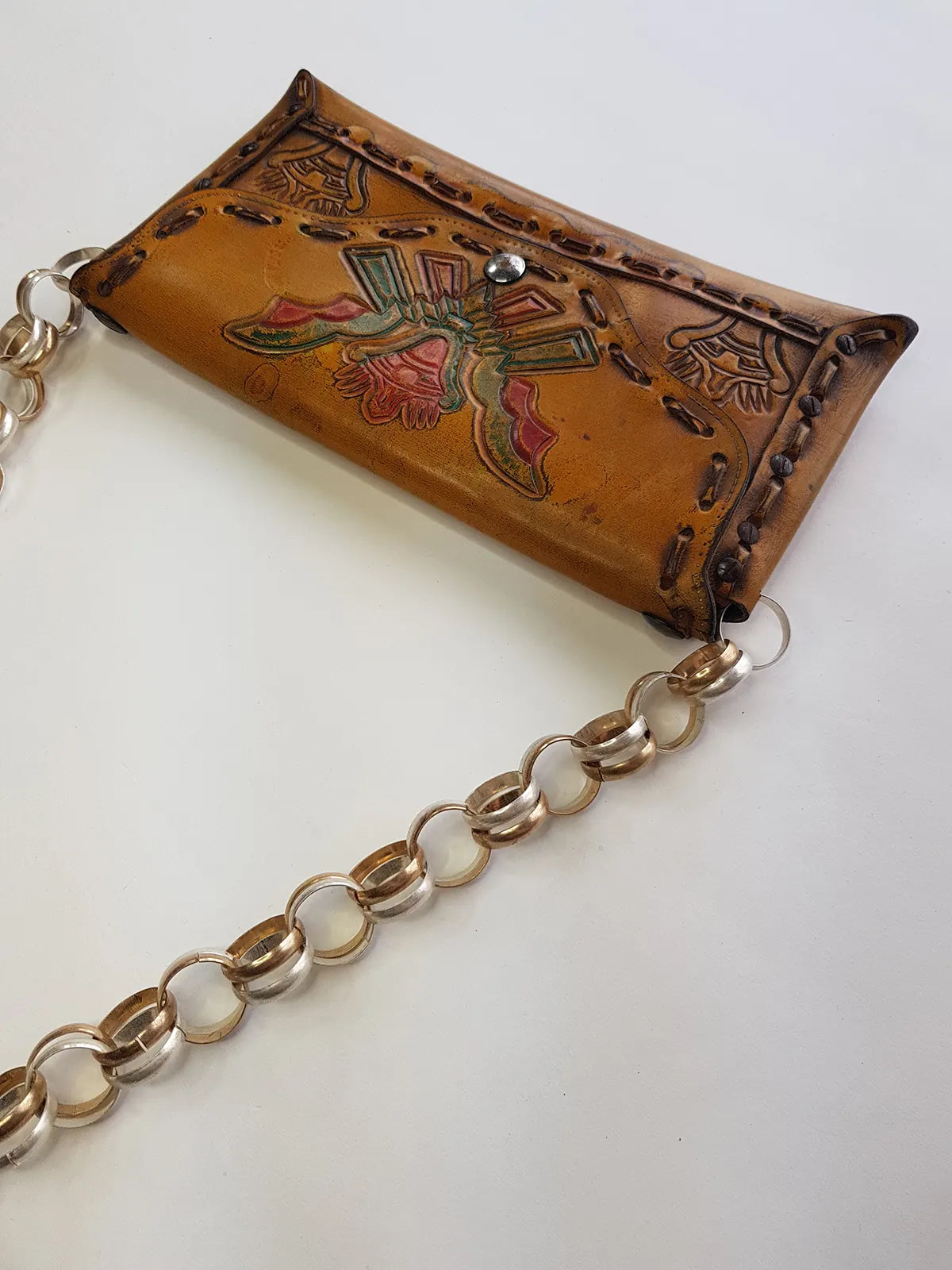 1940s Vintage Mayan Hand Tooled & Hand Painted 100% Genuine Leather Tribal Statement Bag