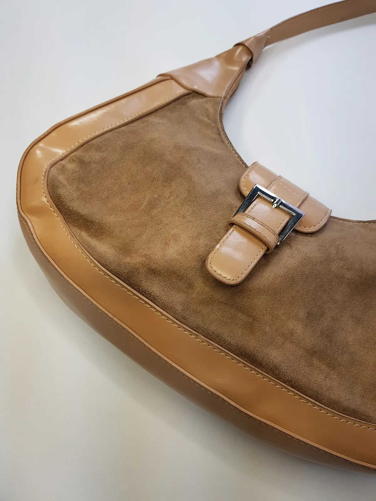 1990s Vintage Buckled Suede Purse in Camel Tones - silver hardware - perfect shape and so cute