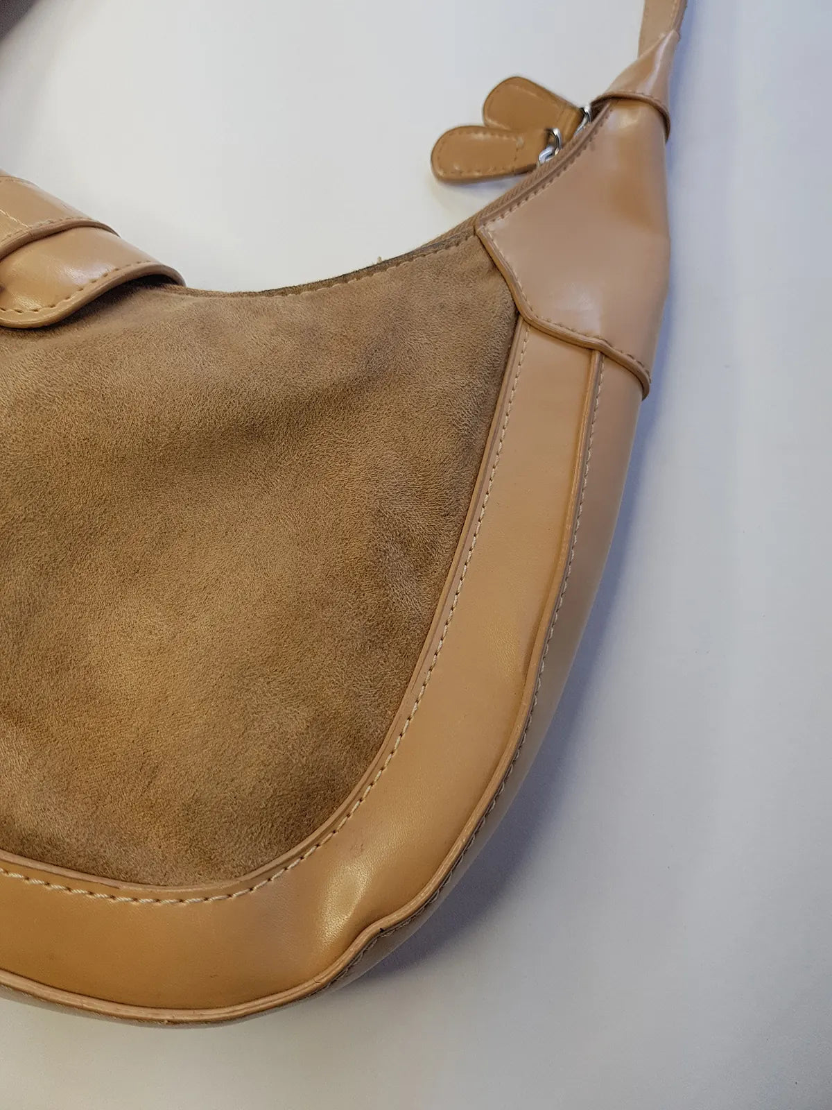 1990s Vintage Buckled Suede Purse in Camel Tones - silver hardware - perfect shape and so cute