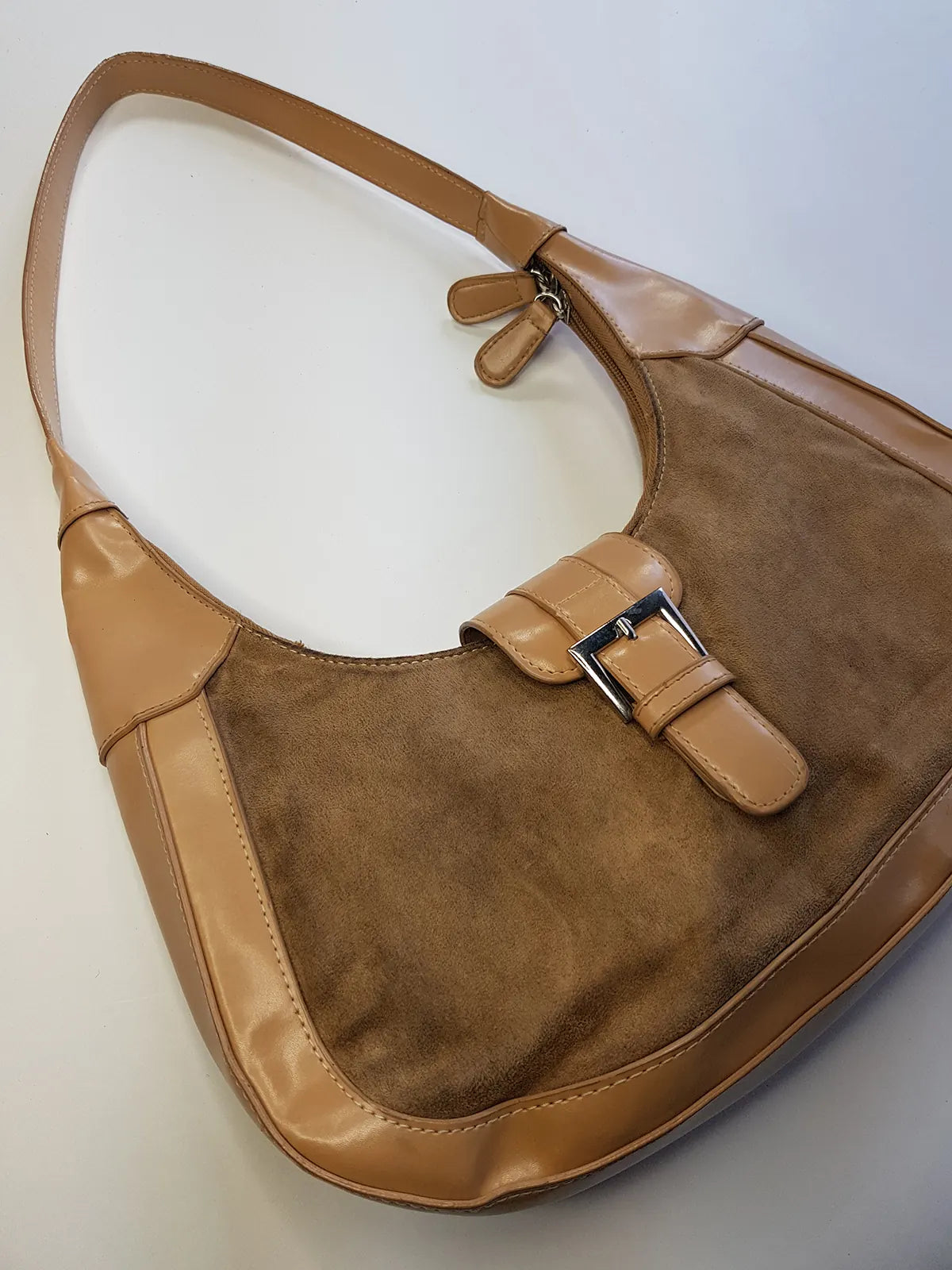 1990s Vintage Buckled Suede Purse in Camel Tones - silver hardware - perfect shape and so cute
