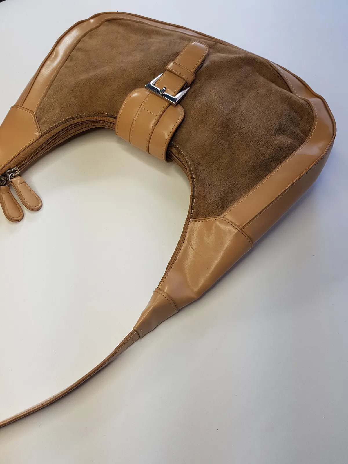 1990s Vintage Buckled Suede Purse in Camel Tones - silver hardware - perfect shape and so cute