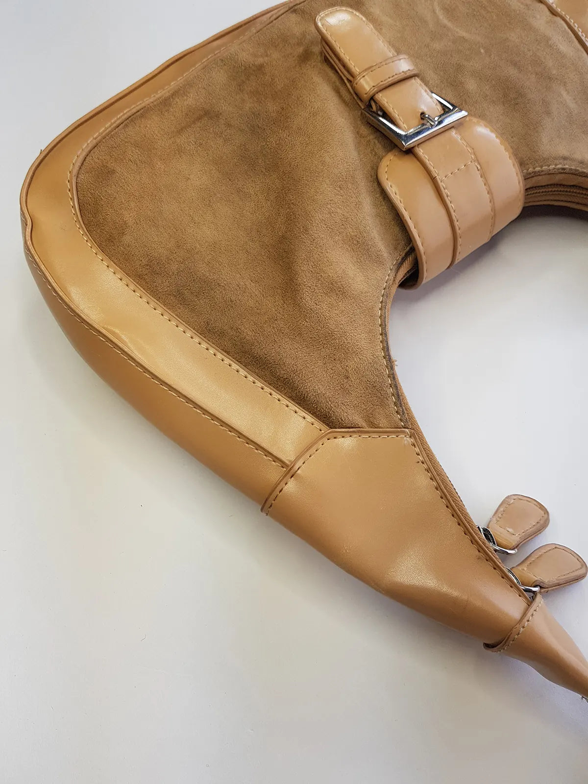 1990s Vintage Buckled Suede Purse in Camel Tones - silver hardware - perfect shape and so cute