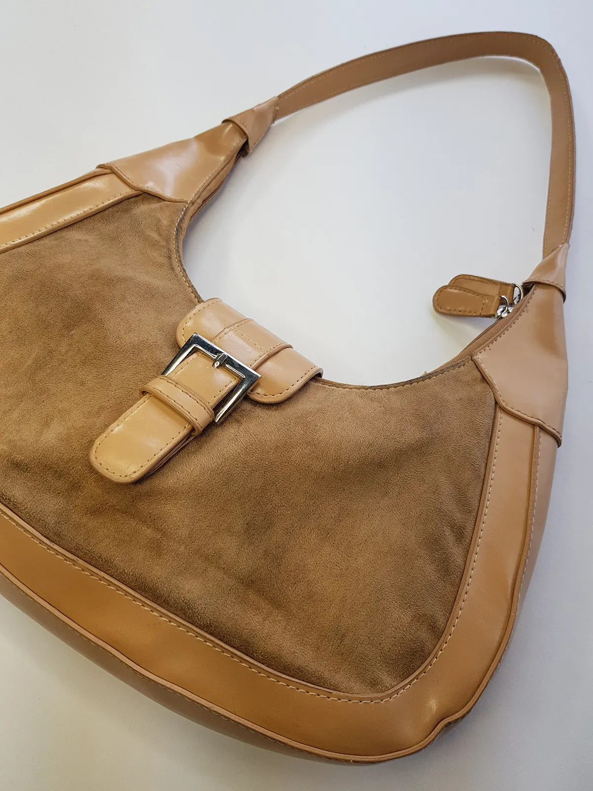 1990s Vintage Buckled Suede Purse in Camel Tones - silver hardware - perfect shape and so cute