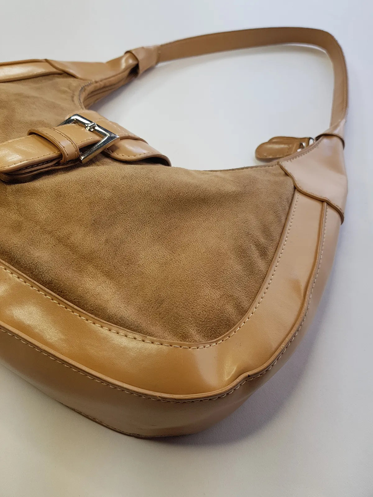 1990s Vintage Buckled Suede Purse in Camel Tones - silver hardware - perfect shape and so cute