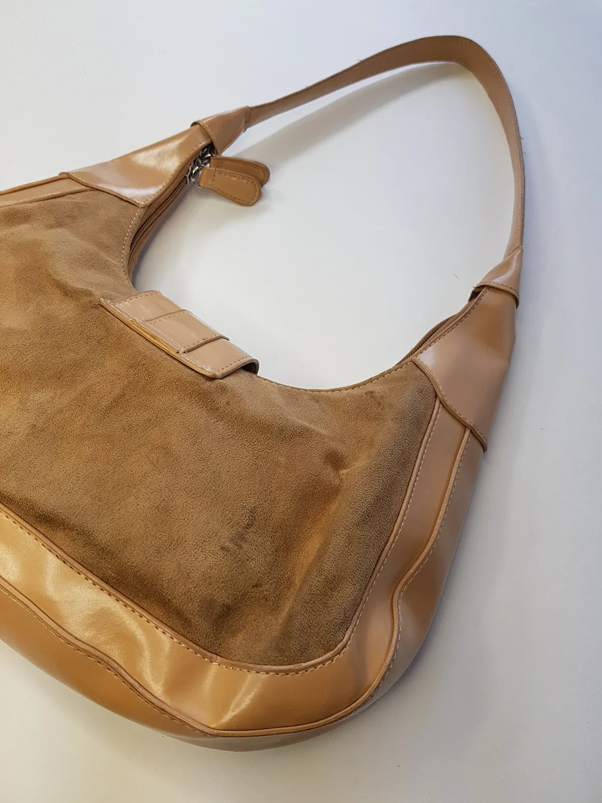 1990s Vintage Buckled Suede Purse in Camel Tones - silver hardware - perfect shape and so cute
