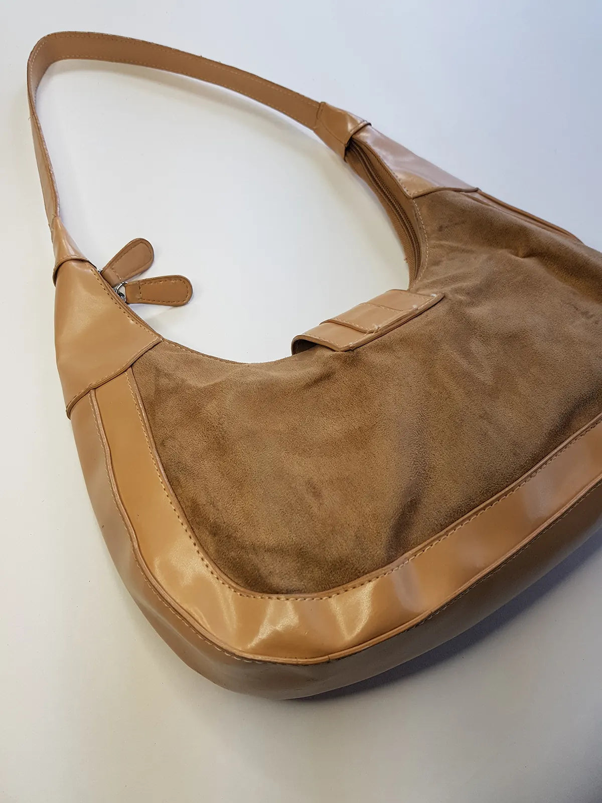 1990s Vintage Buckled Suede Purse in Camel Tones - silver hardware - perfect shape and so cute